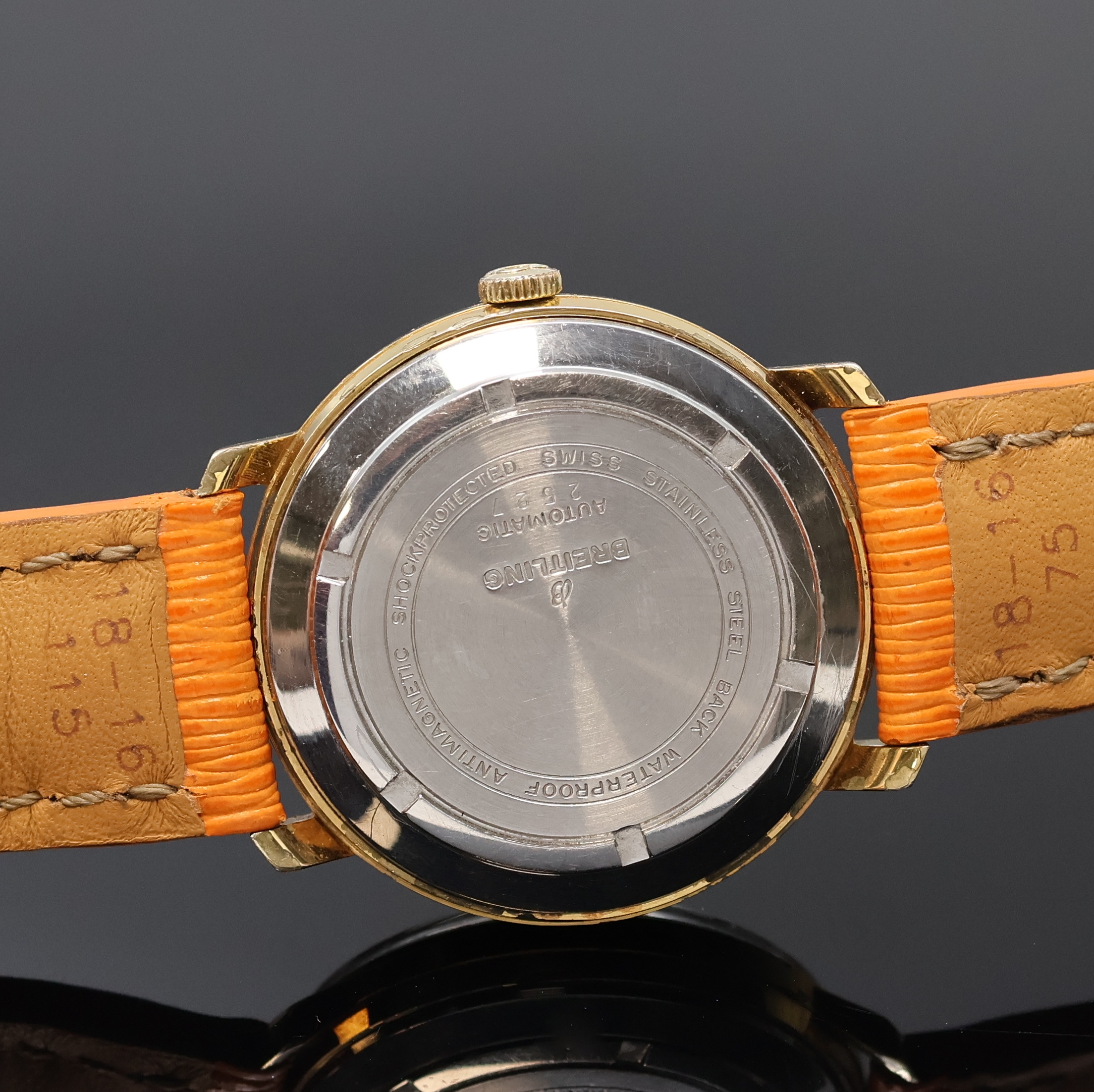 Detail d: BREITLING Geneve Armbanduhr Referenz 2527, Schweiz um 1965, Automatik, verg. Geh. ber., verschr. Stahlboden, Breitling Lederband m. verg. Breitling ...