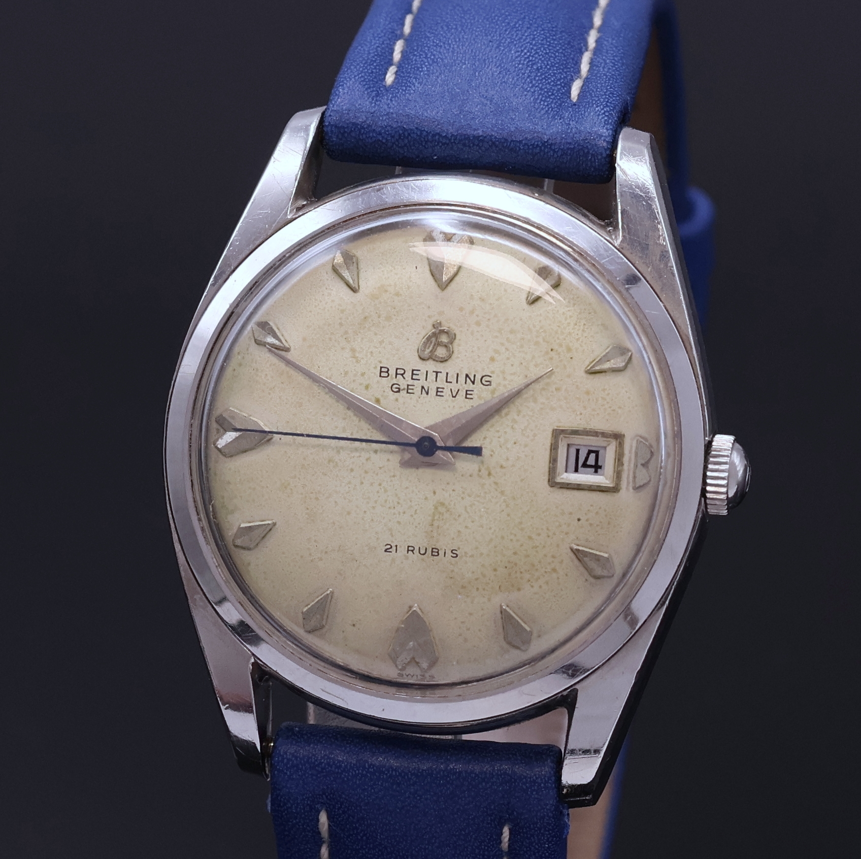 Detail a: BREITLING Geneve Herrenarmbanduhr in Stahl Referenz 6626, Automatik, Schweiz um 1956, Boden verschr., Breitling Lederband m. Breitling Dornschl., ...