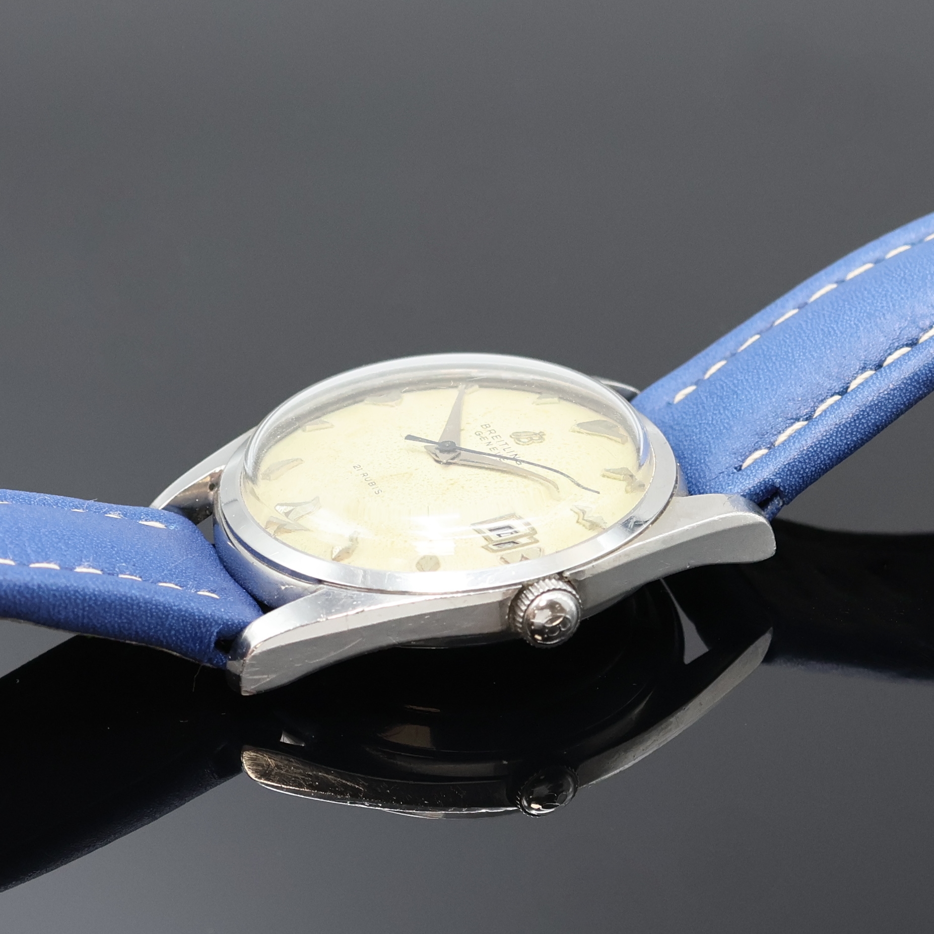 Detail c: BREITLING Geneve Herrenarmbanduhr in Stahl Referenz 6626, Automatik, Schweiz um 1956, Boden verschr., Breitling Lederband m. Breitling Dornschl., ...