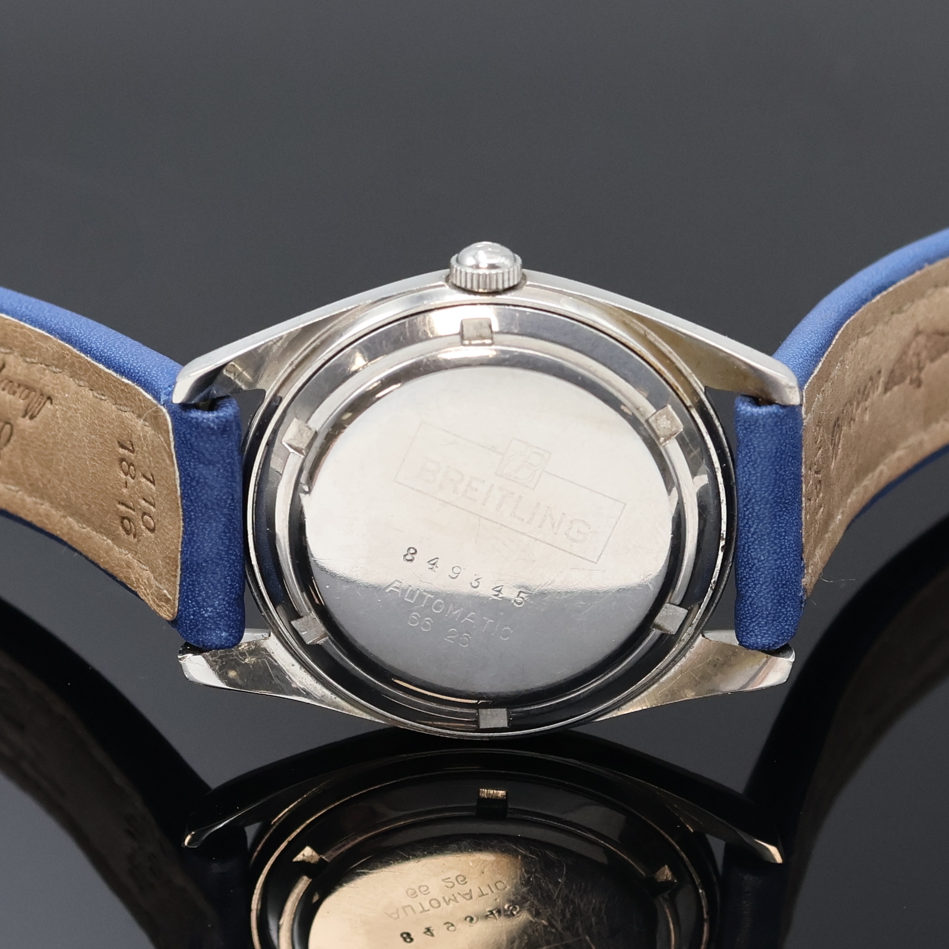 Detail d: BREITLING Geneve Herrenarmbanduhr in Stahl Referenz 6626, Automatik, Schweiz um 1956, Boden verschr., Breitling Lederband m. Breitling Dornschl., ...