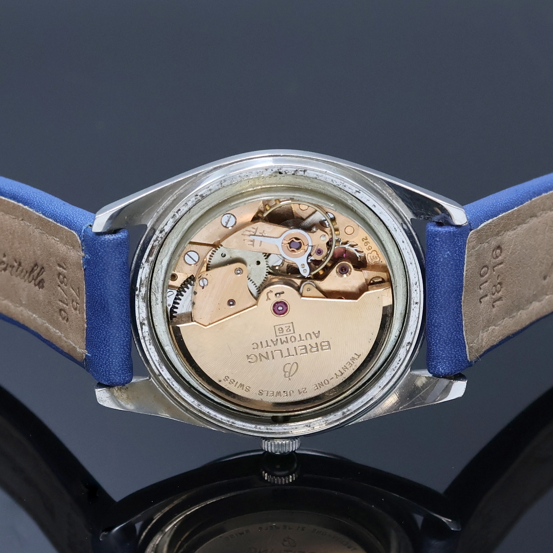 Detail f: BREITLING Geneve Herrenarmbanduhr in Stahl Referenz 6626, Automatik, Schweiz um 1956, Boden verschr., Breitling Lederband m. Breitling Dornschl., ...