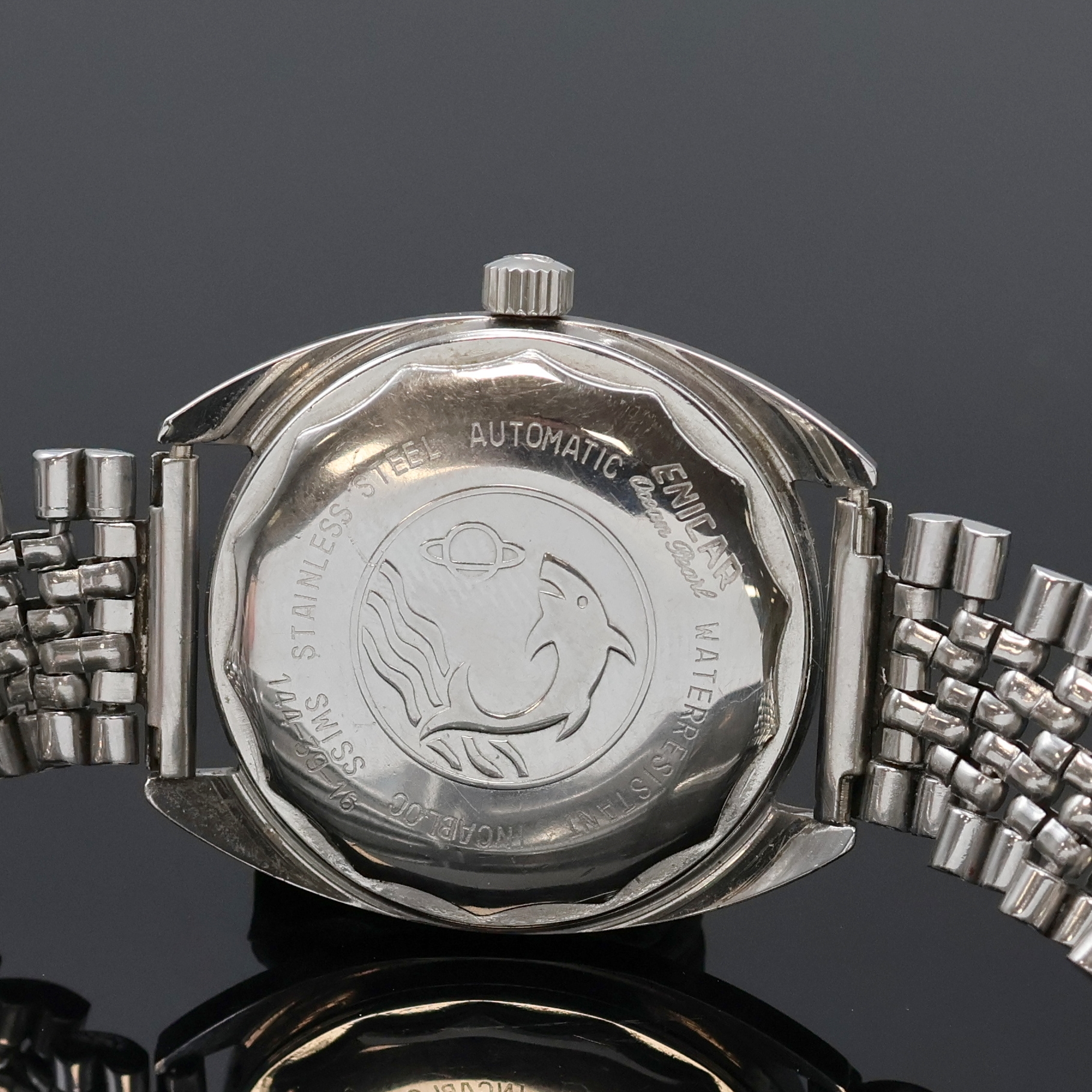 Detail d: ENICAR Sherpa 300 Armbanduhr in Stahl an Stahlband Referenz 144-39-16, Schweiz 1970er Jahre, Edelstahlgeh. inkl. orig. Gliederband m. Faltschl., ...
