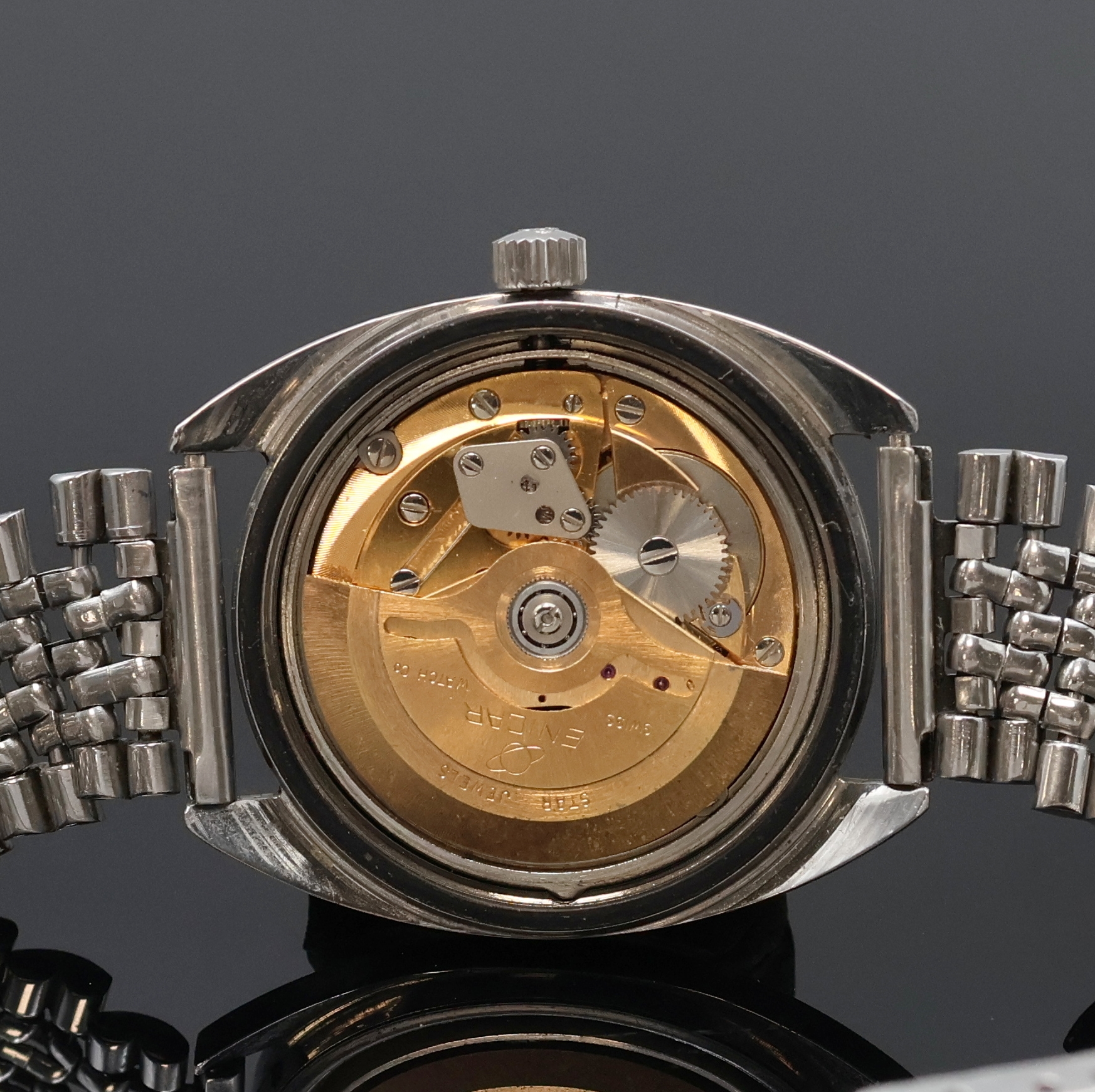 Detail e: ENICAR Sherpa 300 Armbanduhr in Stahl an Stahlband Referenz 144-39-16, Schweiz 1970er Jahre, Edelstahlgeh. inkl. orig. Gliederband m. Faltschl., ...