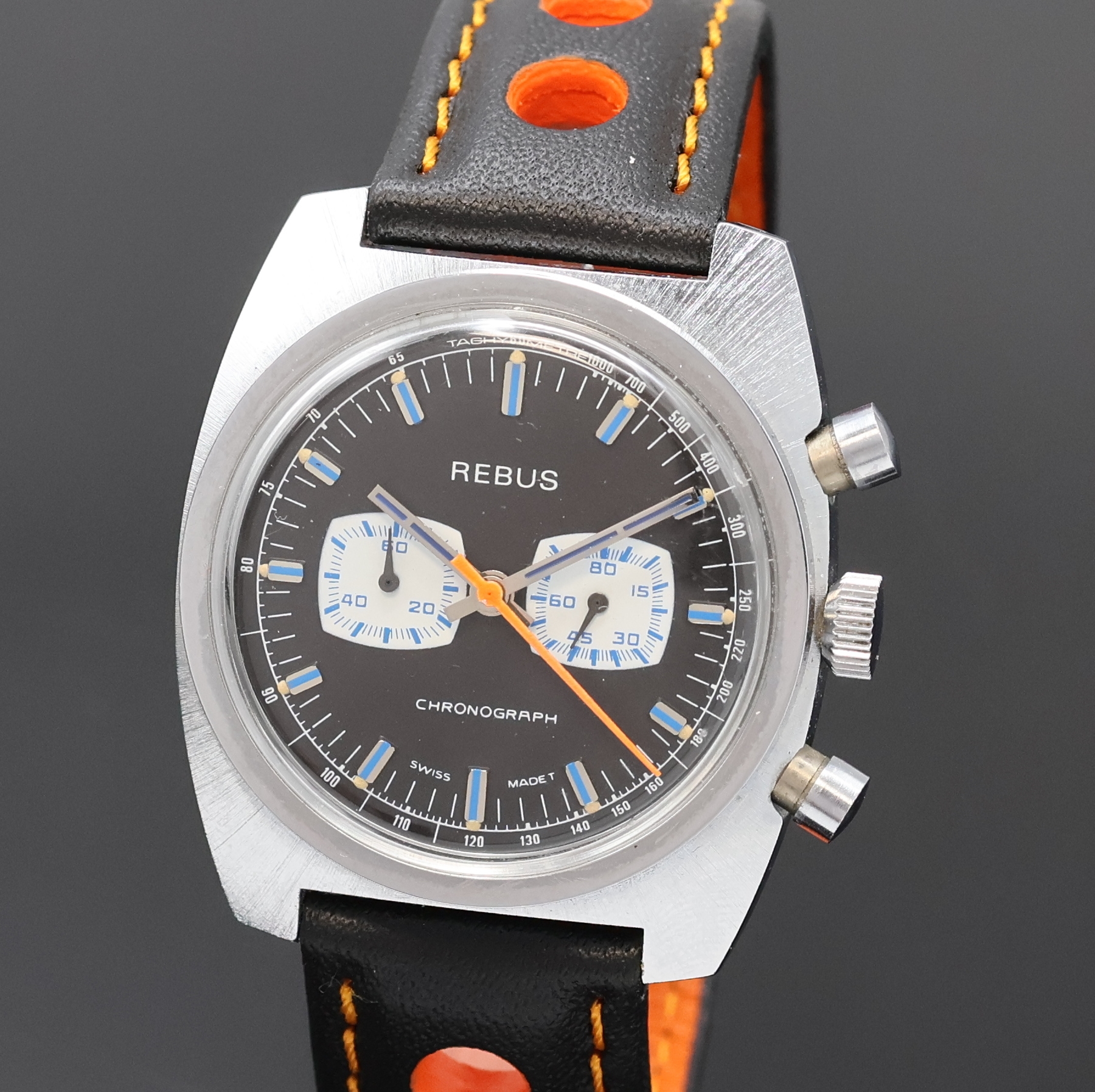 Detail a: REBUS Armbandchronograph, Handaufzug, Schweiz um 1970, verschr. Geh., Stahlboden aufgedr., schwarzes Zifferbl. m. aufgel. Indizes und ...