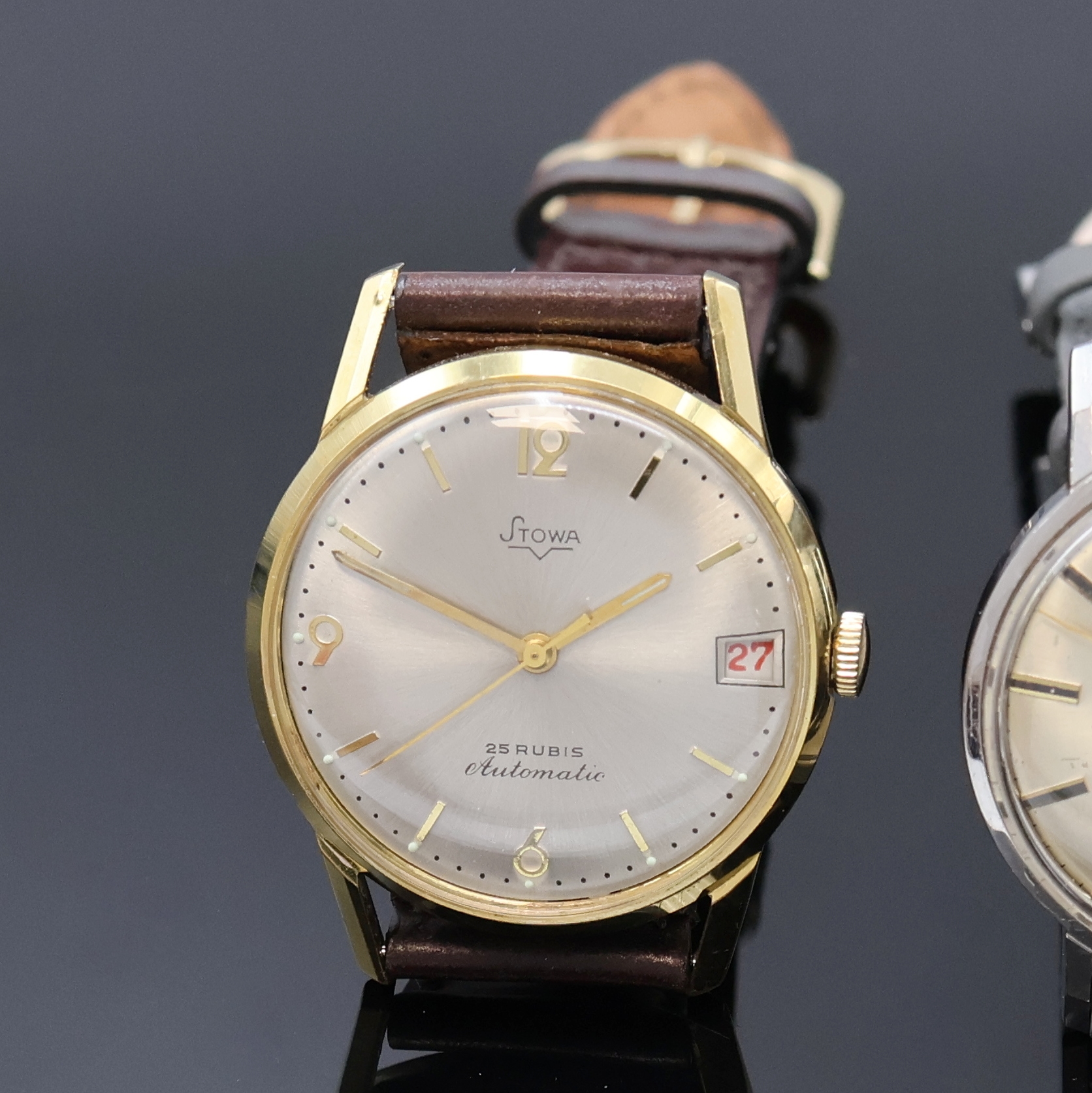 Detail a: JUNGHANS und 2 STOWA Armbanduhren, alle 1960er Jahre, Junghans: Automatik, verchromtes Geh. ber., Stahlboden aufgedr., silb. Zifferbl. fl., Kal. 651, ...