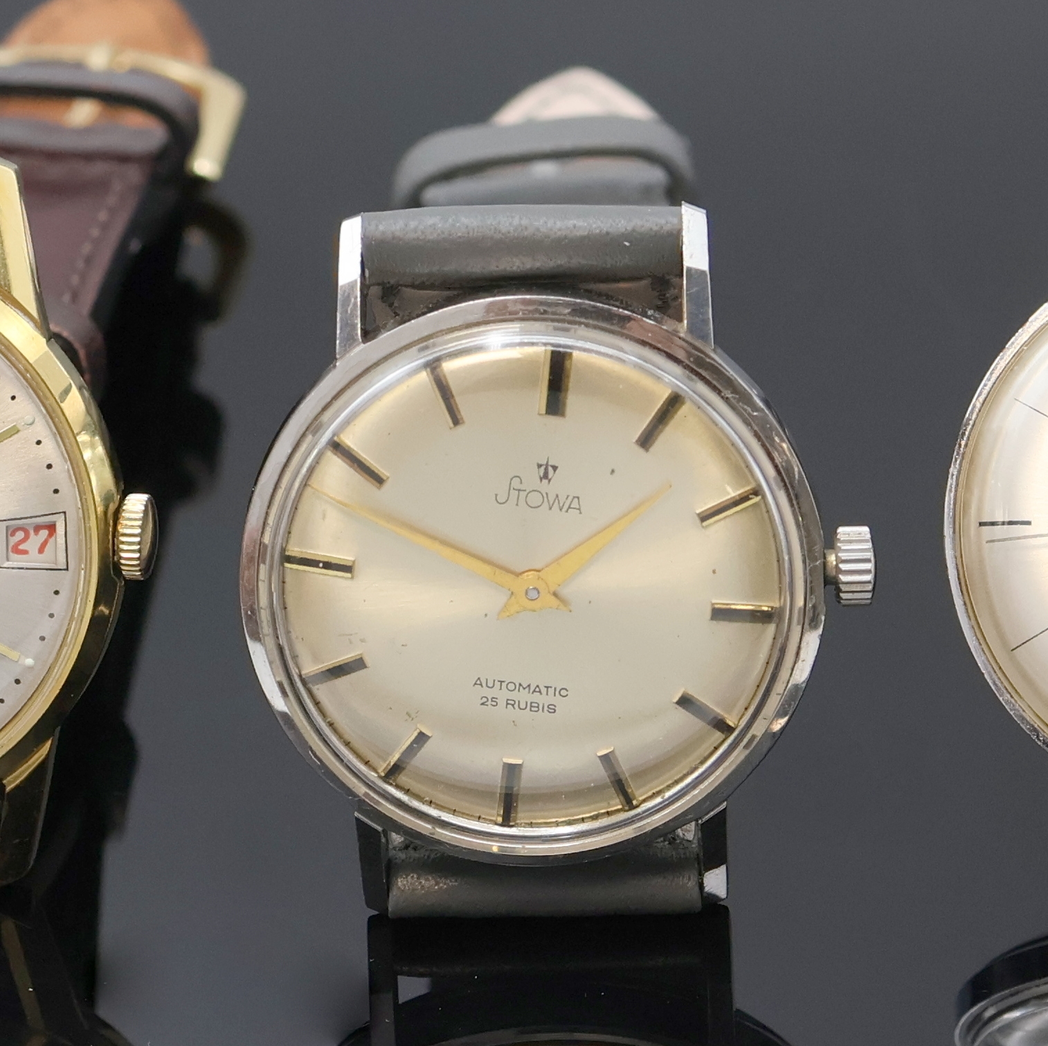 Detail b: JUNGHANS und 2 STOWA Armbanduhren, alle 1960er Jahre, Junghans: Automatik, verchromtes Geh. ber., Stahlboden aufgedr., silb. Zifferbl. fl., Kal. 651, ...