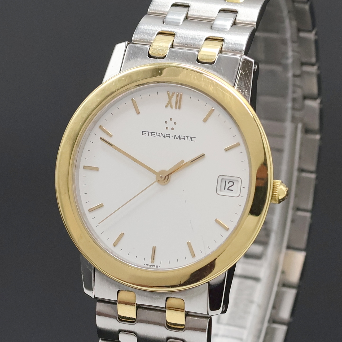 Detail a: ETERNA 1856 Armbanduhr Referenz 3400.47, Automatik, Schweiz um 1990, beids. vergl., z. T. verg. Edelstahlgeh. inkl. Gliederband m. dopp. Faltschl., ...