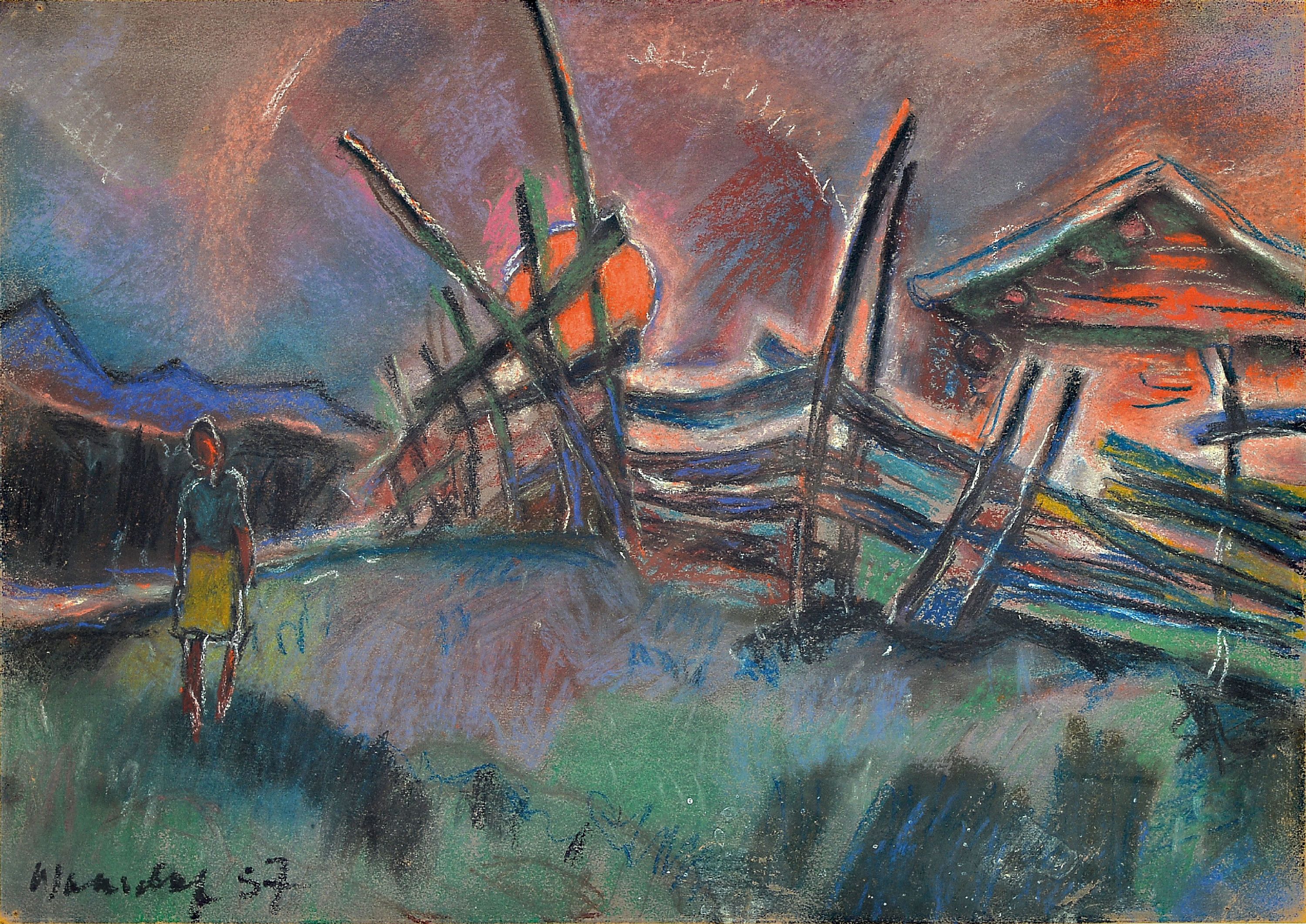 Image 27057872 - Helmut Wanschap, 1911 Berlin-1987 Kusel, Gouache auf Karton, Landschaft im Abendrot, ...