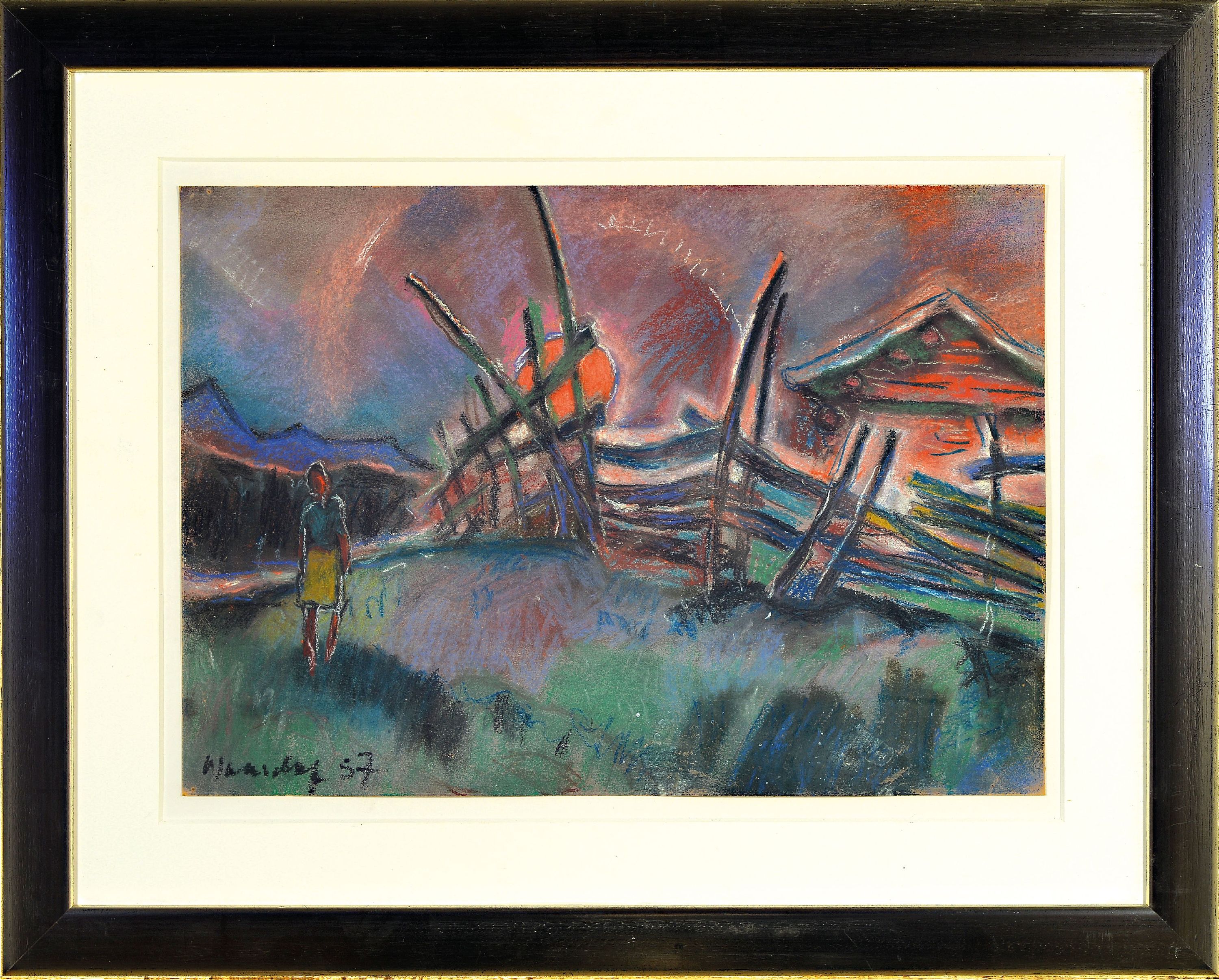 Detail k: Helmut Wanschap, 1911 Berlin-1987 Kusel, Gouache auf Karton, Landschaft im Abendrot, links unten signiert und datiert 1957, 34x46 cm, unter Glas ...