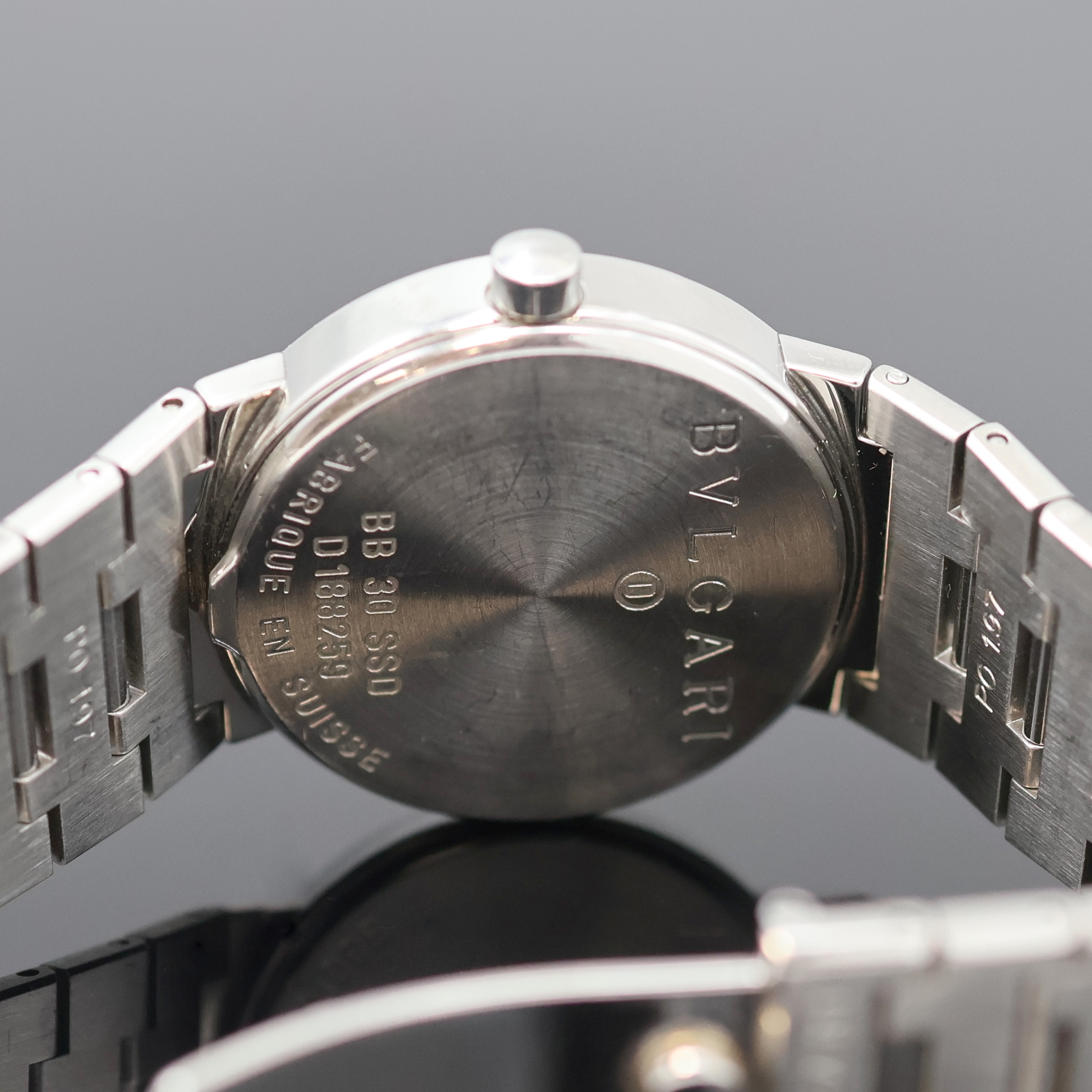 Detail g: BULGARI Armbanduhr Referenz BB 30 SSD, Schweiz um 1995, quarz, Edelstahlgeh. inkl. Gliederband m. Faltschl., Boden aufgedr., Werk verg., Kal. ETA ...