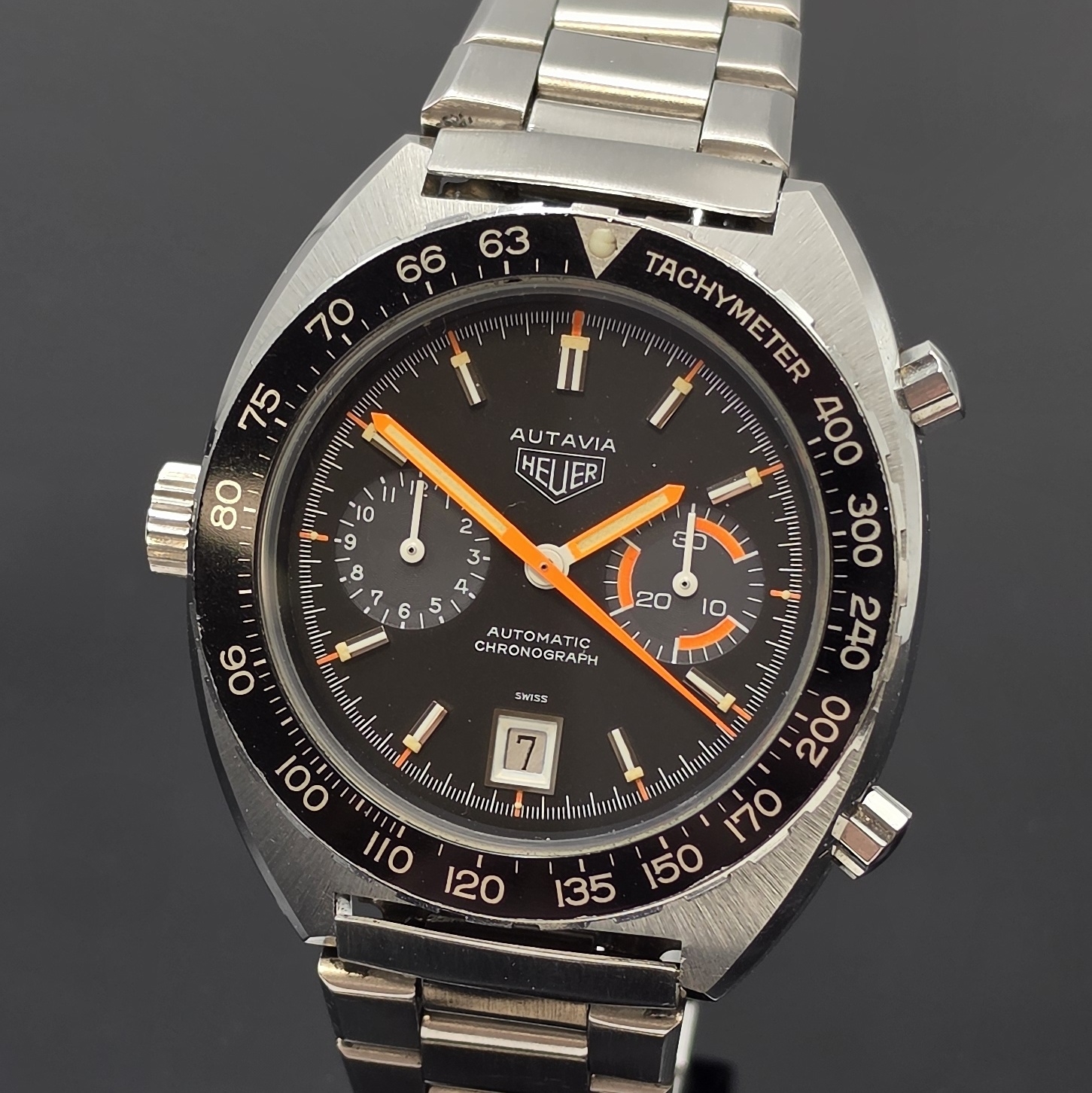 Detail a: HEUER Autavia "Orange Boy" seltener Armbandchronograph Referenz 11630, Automatik, Schweiz um 1975, Edelstahlgeh. inkl. orig. Gliederband m. ...