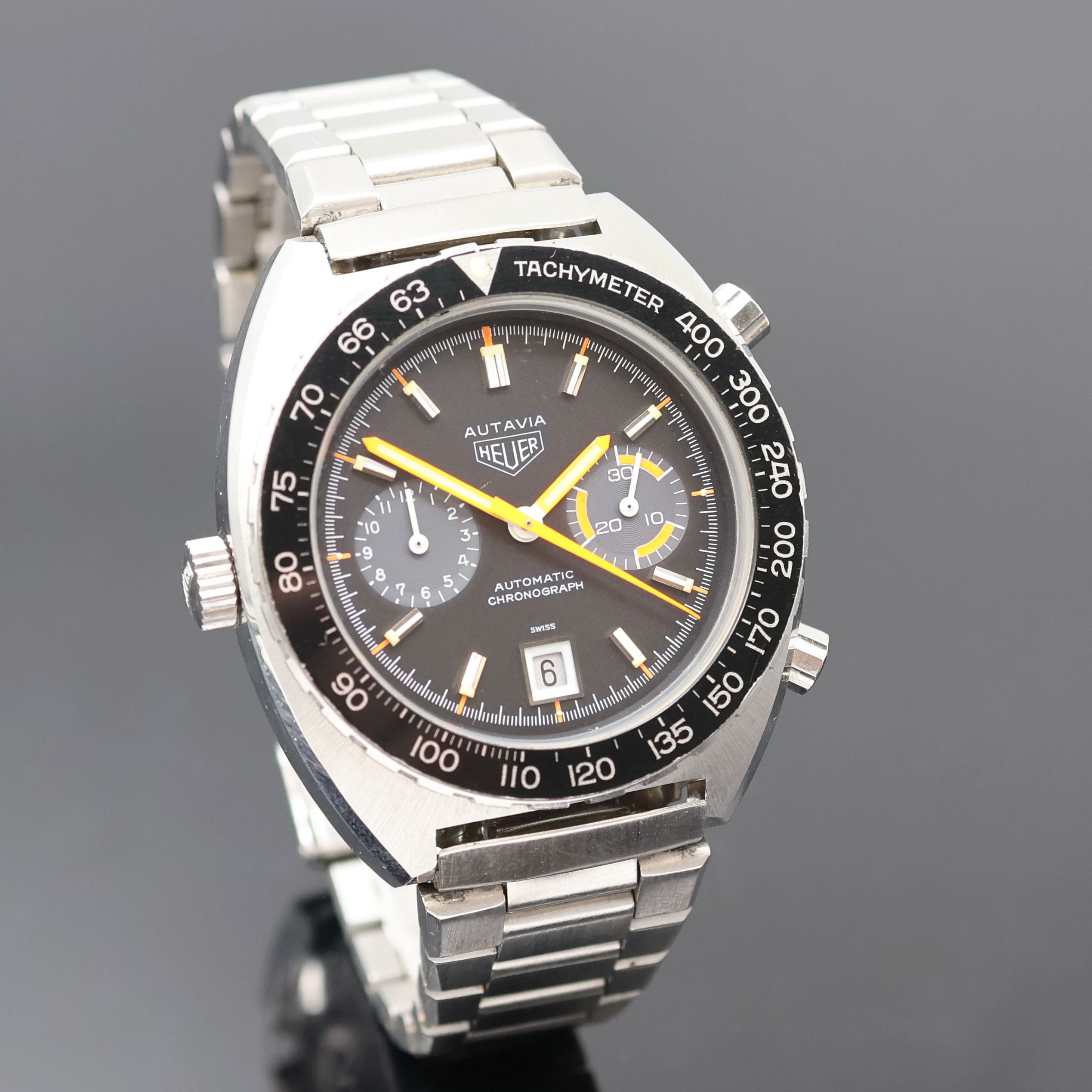 Detail b: HEUER Autavia "Orange Boy" seltener Armbandchronograph Referenz 11630, Automatik, Schweiz um 1975, Edelstahlgeh. inkl. orig. Gliederband m. ...