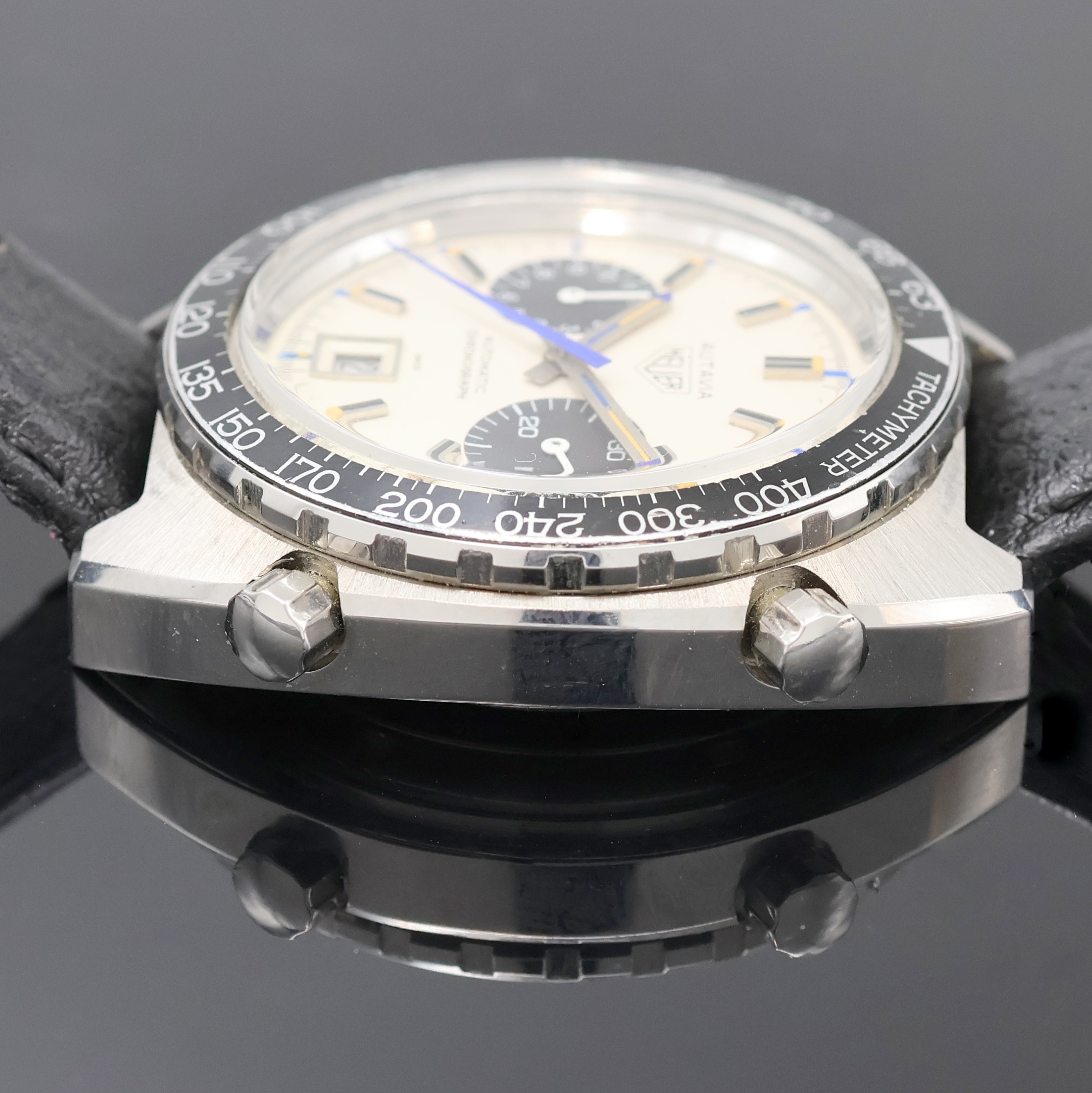 Detail d: HEUER Autavia "Jo Siffert" seltener Armbandchronograph Referenz 1163, Automatik, Schweiz um 1975, Edelstahlgeh., Boden verschr., orig. ...