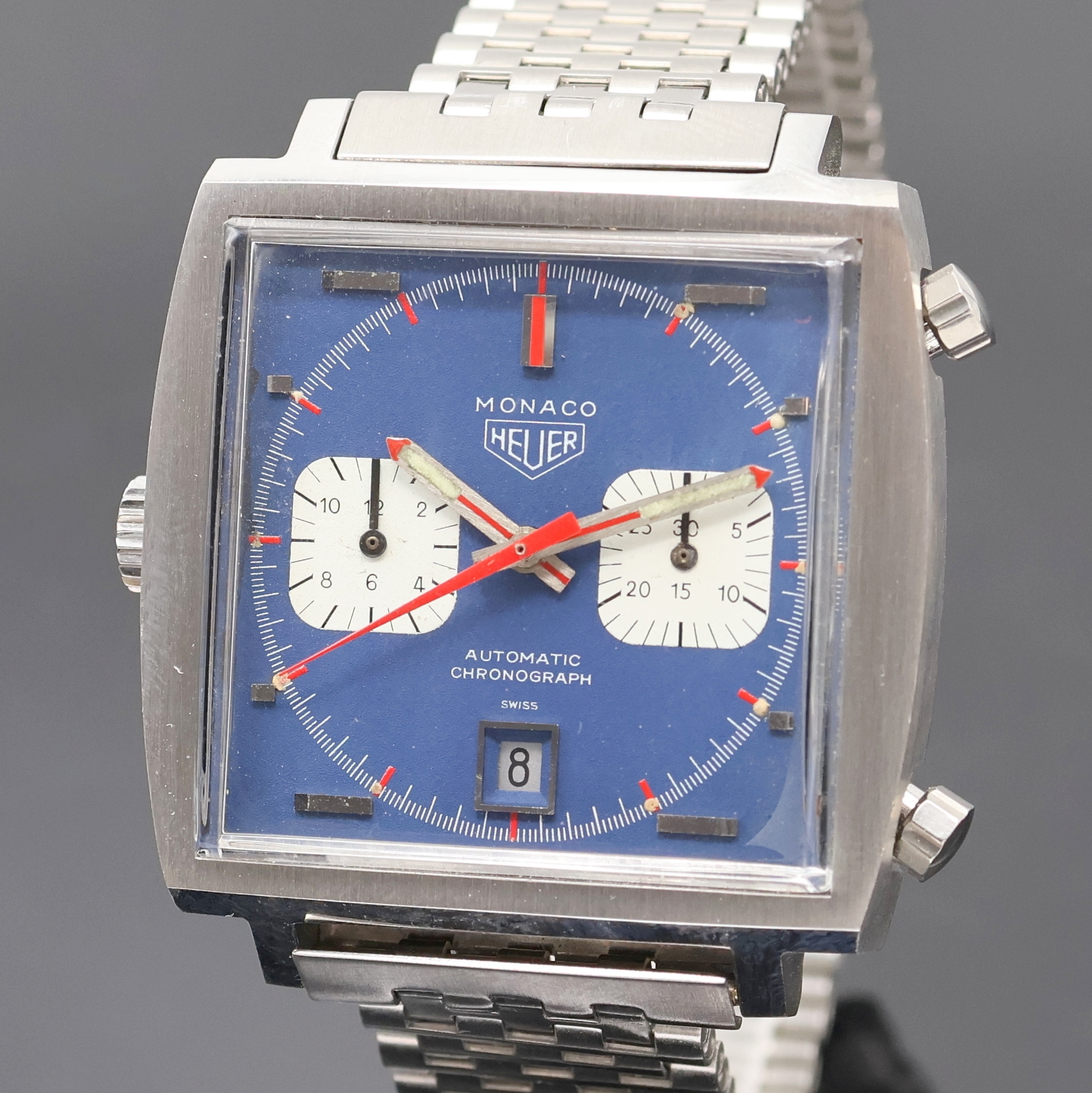 Detail a: HEUER Monaco "Steve McQueen" Armbandchronograph Referenz 1133, Schweiz um 1972, Automatik, Edelstahl Monocoque-Geh. inkl. orig. NSA ...