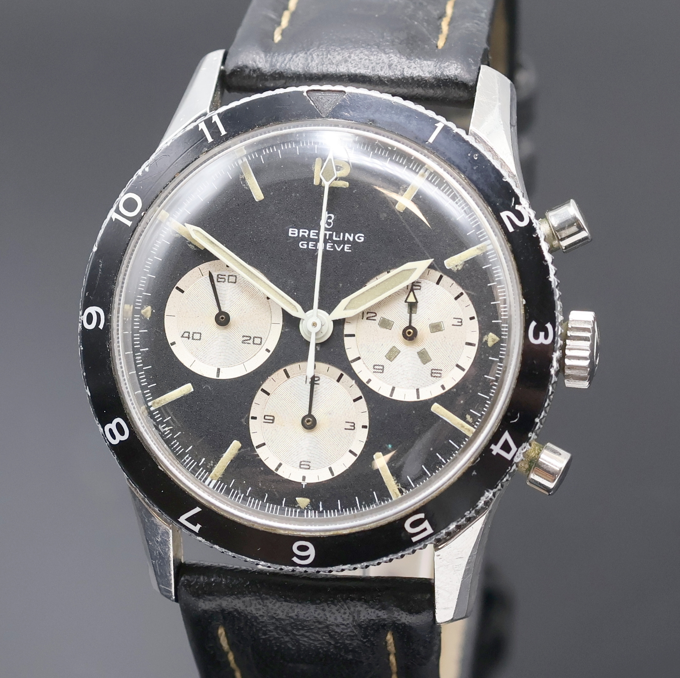 Detail a: BREITLING 765 Co-Pilot Armbandchronograph, Schweiz um 1967, Handaufzug, Edelstahlgeh. inkl. Breitling Lederband m. Dornschl., Lünette m. 12er ...