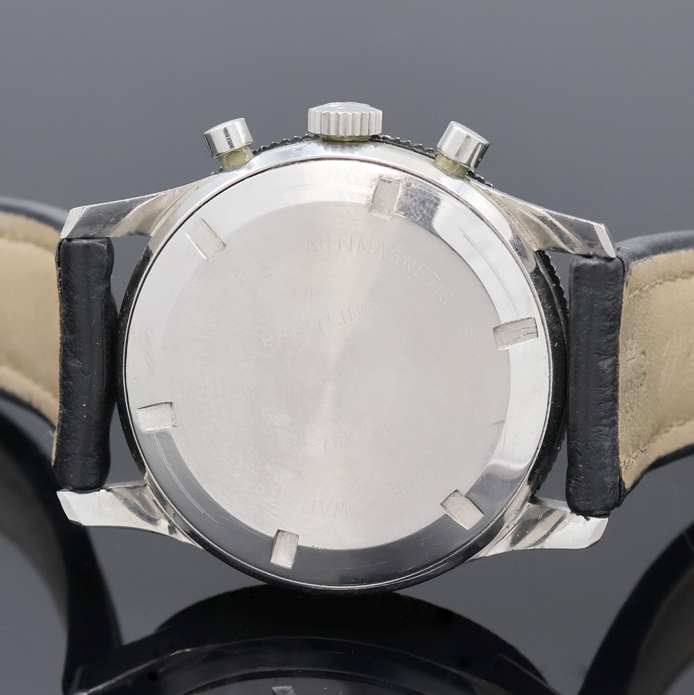 Detail e: BREITLING 765 Co-Pilot Armbandchronograph, Schweiz um 1967, Handaufzug, Edelstahlgeh. inkl. Breitling Lederband m. Dornschl., Lünette m. 12er ...