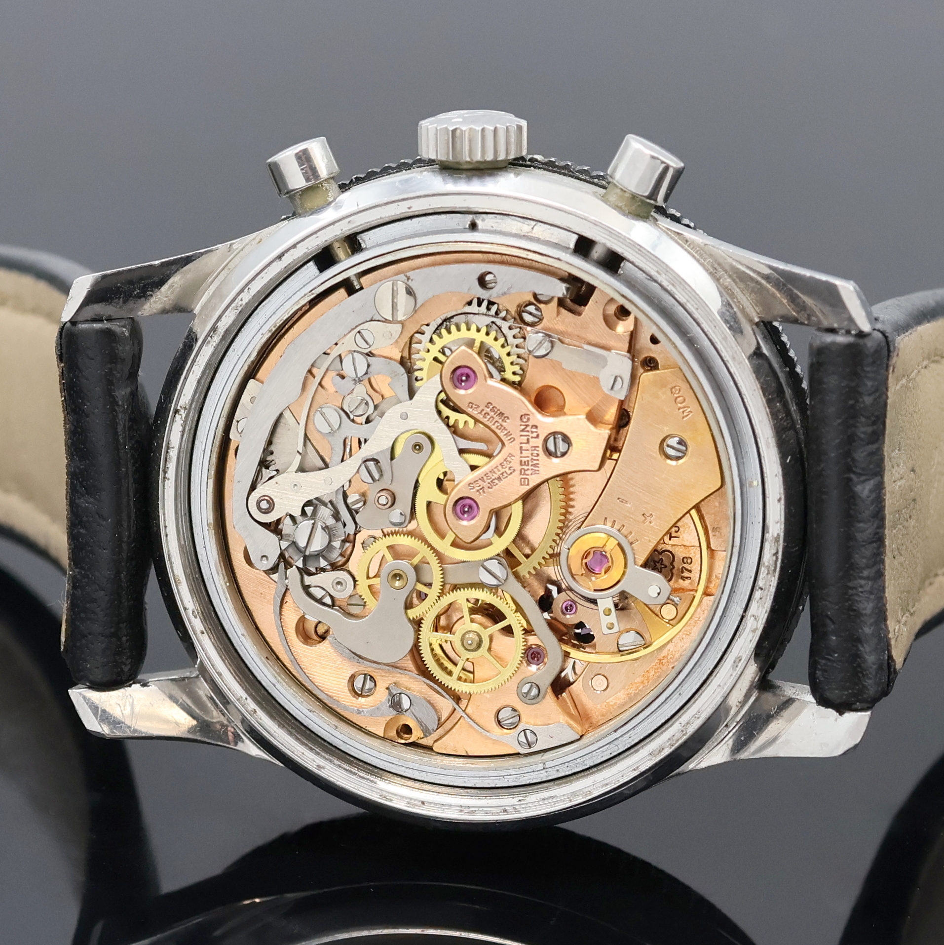 Detail f: BREITLING 765 Co-Pilot Armbandchronograph, Schweiz um 1967, Handaufzug, Edelstahlgeh. inkl. Breitling Lederband m. Dornschl., Lünette m. 12er ...