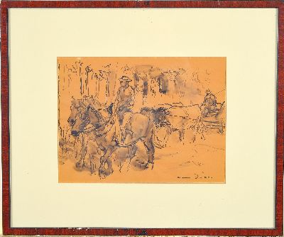 27057845k - Otto Dill, 1884 Neustadt-1957 Bad Dürkheim, Zeichnung, Rinderfuhrwerk und Reiter mit ...