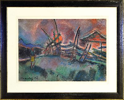 27057872k - Helmut Wanschap, 1911 Berlin-1987 Kusel, Gouache auf Karton, Landschaft im Abendrot, ...