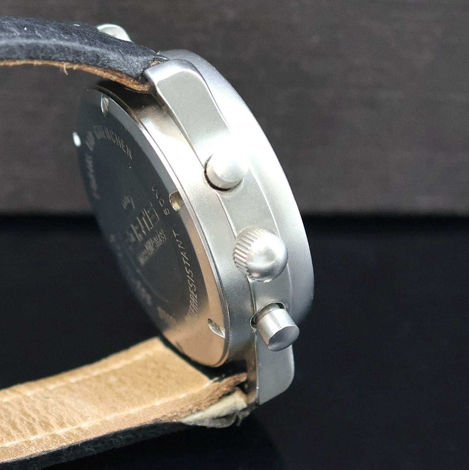 Detail b: FORTIS Armbandchronograph Referenz 597.10.141, Schweiz um 1995, Automatik, matt. Edelstahlgeh., Boden verschr., schwarzes Zifferbl. m. arab. Tritium ...