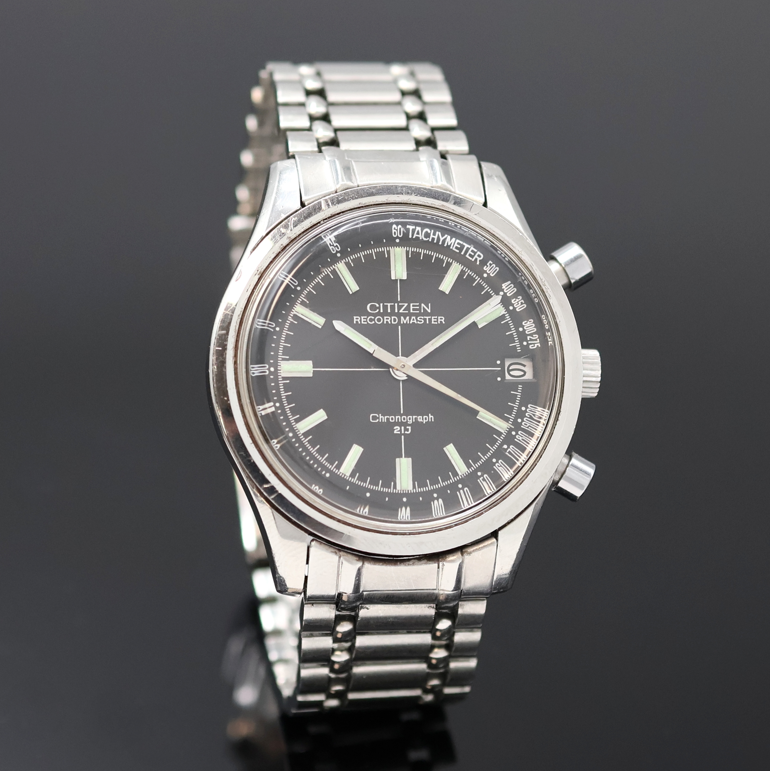 Detail b: CITIZEN Record Master seltener Chronograph mit Flyback in Edelstahl Referenz 4-570014 Y, Japan um 1970, Handaufzug, 2-teil. Geh., Boden geschr., ...