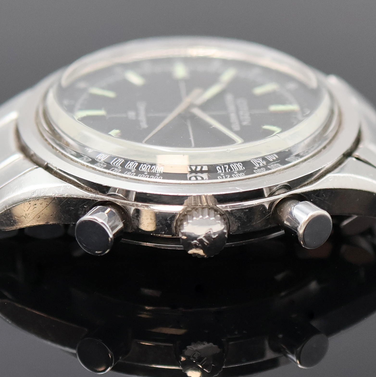 Detail d: CITIZEN Record Master seltener Chronograph mit Flyback in Edelstahl Referenz 4-570014 Y, Japan um 1970, Handaufzug, 2-teil. Geh., Boden geschr., ...