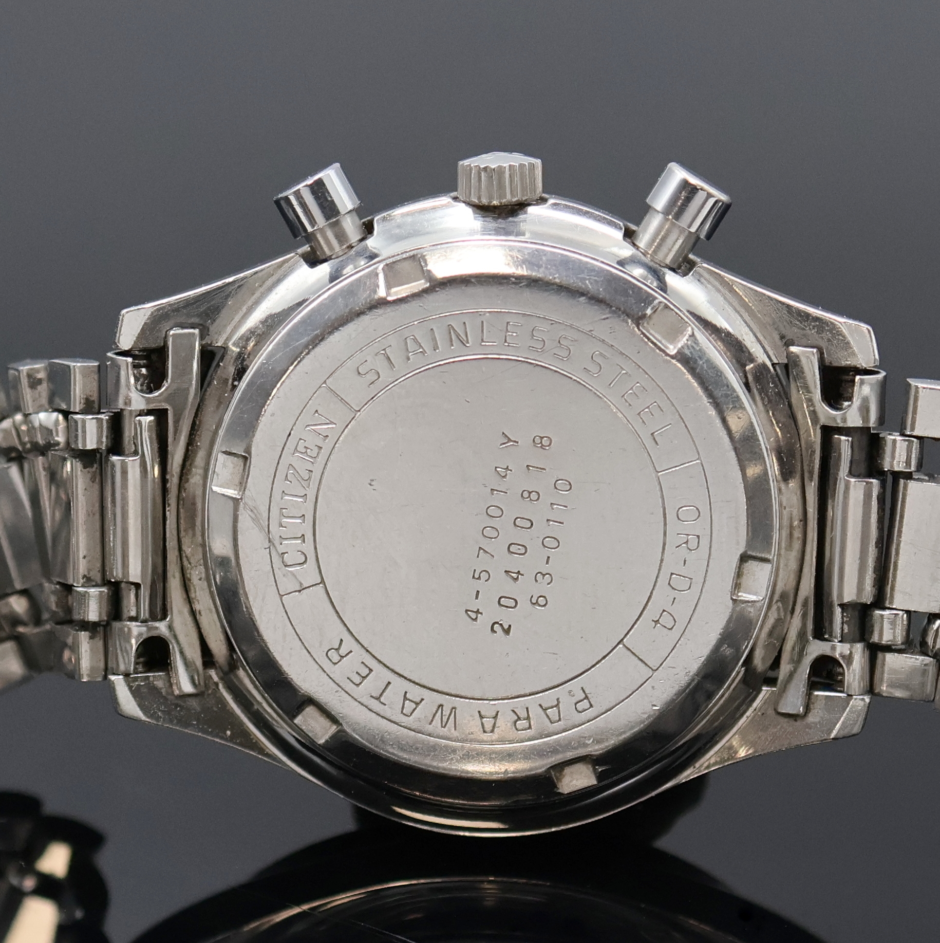 Detail e: CITIZEN Record Master seltener Chronograph mit Flyback in Edelstahl Referenz 4-570014 Y, Japan um 1970, Handaufzug, 2-teil. Geh., Boden geschr., ...