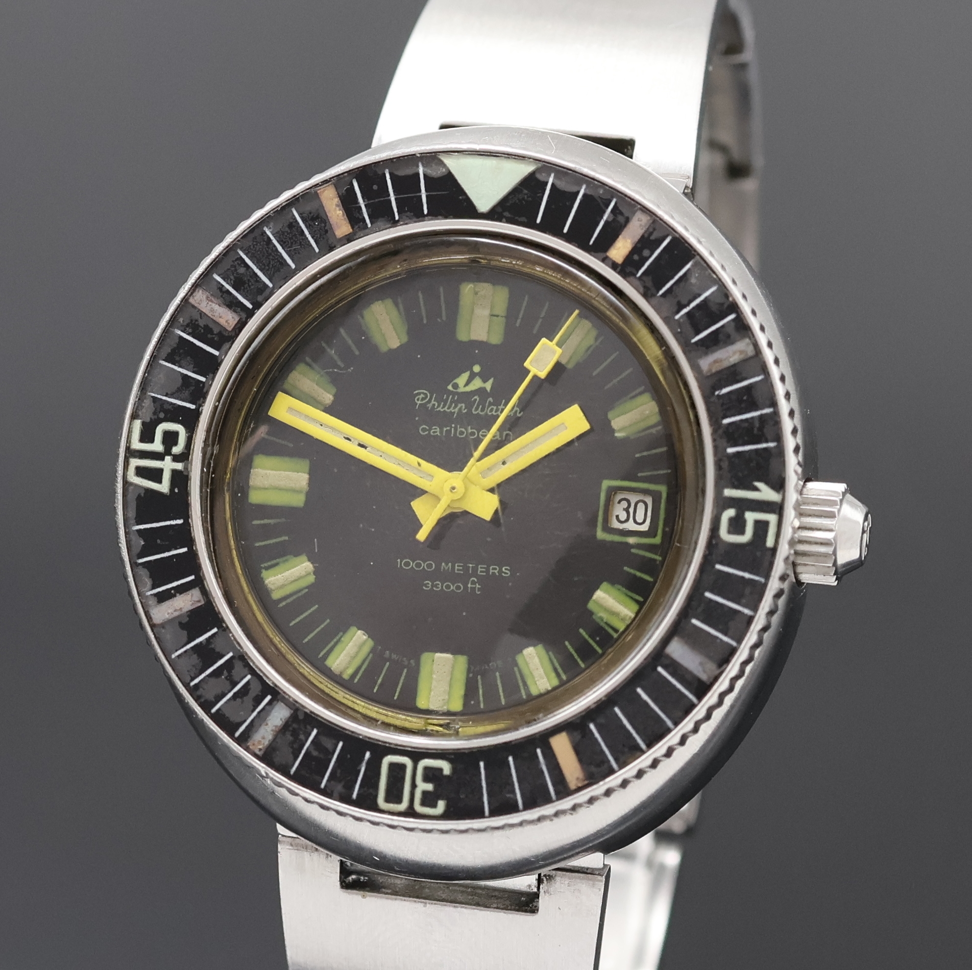 Detail a: PHILIP WATCH Caribbean Taucherarmbanduhr Referenz 5292/68, Schweiz um 1972, Automatik, Monocoque-Geh. in Stahl, orig. Stahlband m. Faltschl., Krone ...
