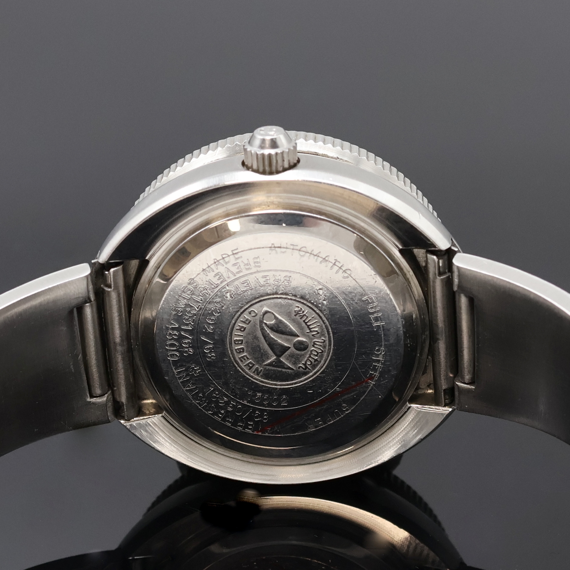Detail d: PHILIP WATCH Caribbean Taucherarmbanduhr Referenz 5292/68, Schweiz um 1972, Automatik, Monocoque-Geh. in Stahl, orig. Stahlband m. Faltschl., Krone ...