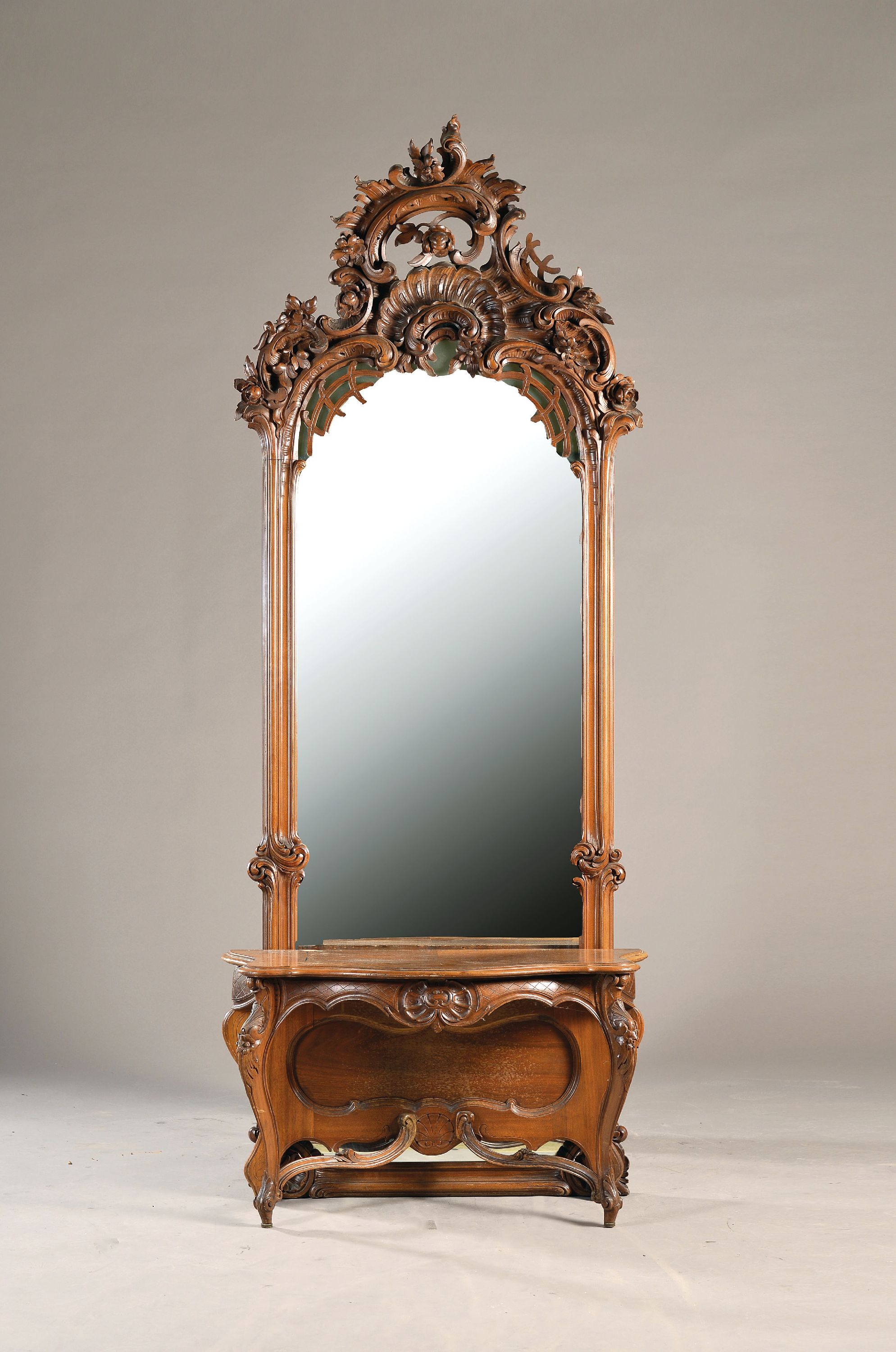 Image 27058144 - Großer Spiegel mit Konsole, um 1880, Mahagoni massiv, z.T. Furnier, obere Bekrönung ...