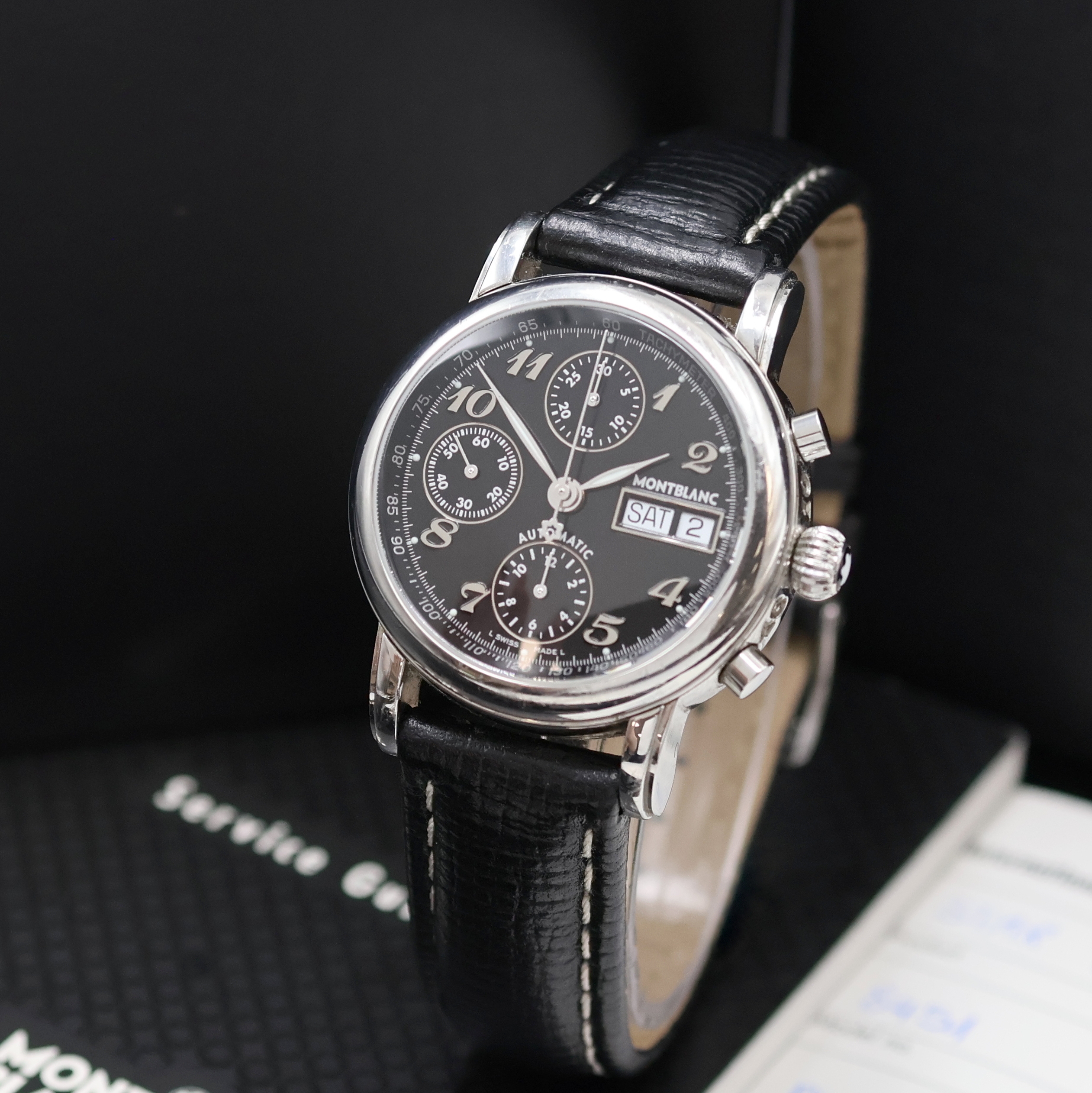 Detail a: MONTBLANC Star Meisterstück Herrenchronograph Referenz 7016, Schweiz verk. lt. beil. Pap. 12/2005, Automatik, beids. vergl. Edelstahlgeh. inkl. ...