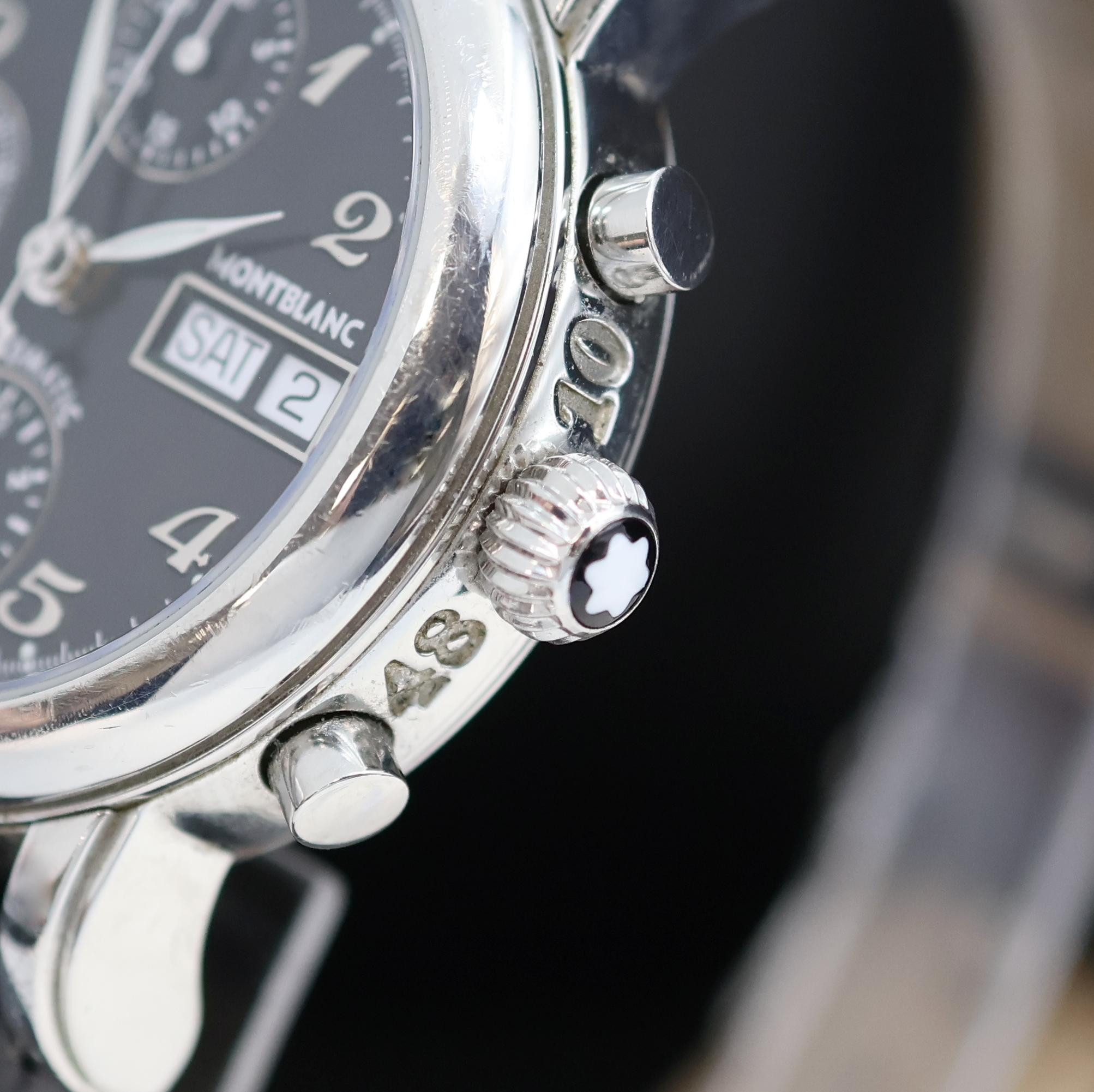 Detail d: MONTBLANC Star Meisterstück Herrenchronograph Referenz 7016, Schweiz verk. lt. beil. Pap. 12/2005, Automatik, beids. vergl. Edelstahlgeh. inkl. ...