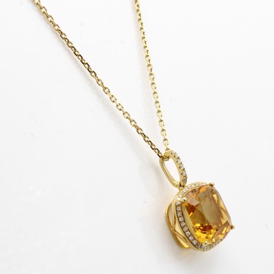 27058507a - Anhänger mit Citrin und Brillanten an Kette, GG 750/000, gelber, fac. Citrin ca. 7.4 ct, ...