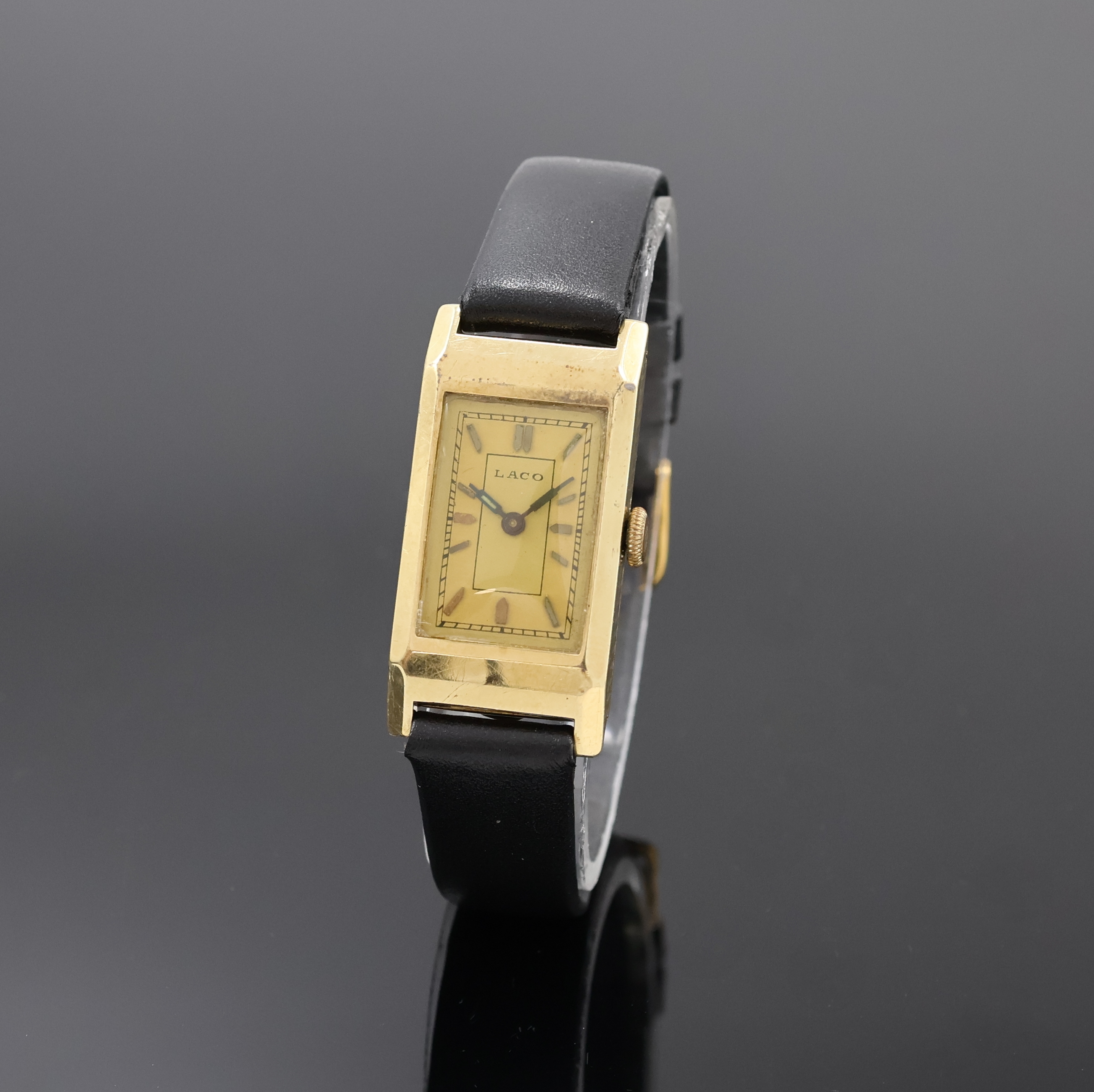 Image 27059055 - LACO rechteckige Armbanduhr in GG 585/000, Deutschland um 1935, Handaufzug, 2-teil. ...
