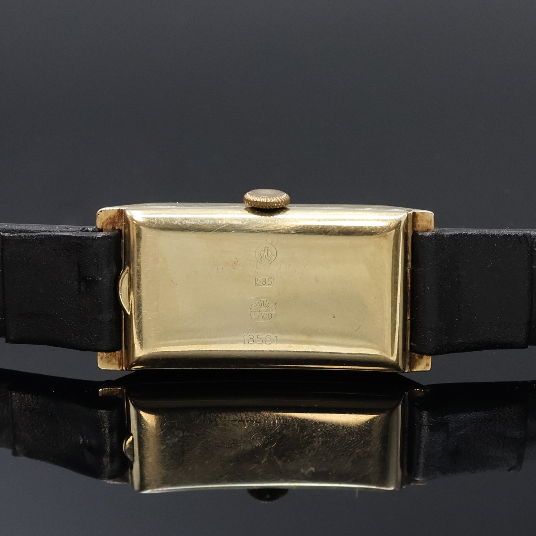 Detail c: LACO rechteckige Armbanduhr in GG 585/000, Deutschland um 1935, Handaufzug, 2-teil. Scharniergeh., gold. Duoton-Zifferbl., gebl. Zeiger, silb. Werk ...