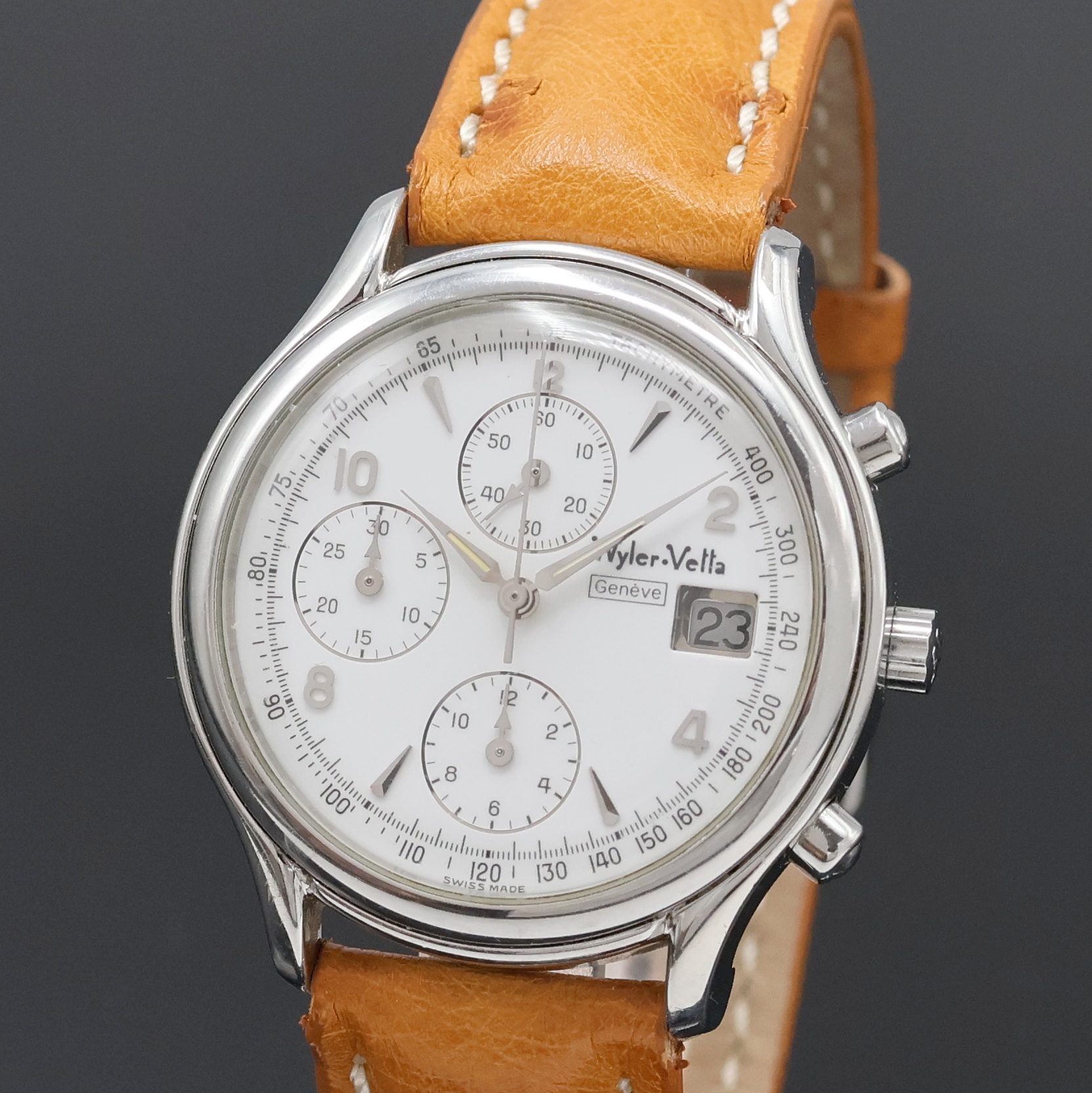 Detail a: WYLER VETTA Armbandchronograph in Stahl Referenz W.1105.47, Automatik, Schweiz um 1995, 3-teil. Geh., Boden und Glasrand aufgedr., weißes Zifferbl. ...