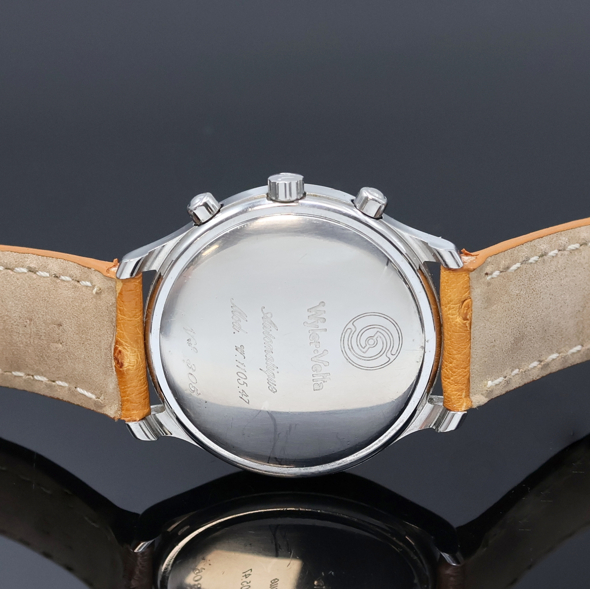 Detail c: WYLER VETTA Armbandchronograph in Stahl Referenz W.1105.47, Automatik, Schweiz um 1995, 3-teil. Geh., Boden und Glasrand aufgedr., weißes Zifferbl. ...