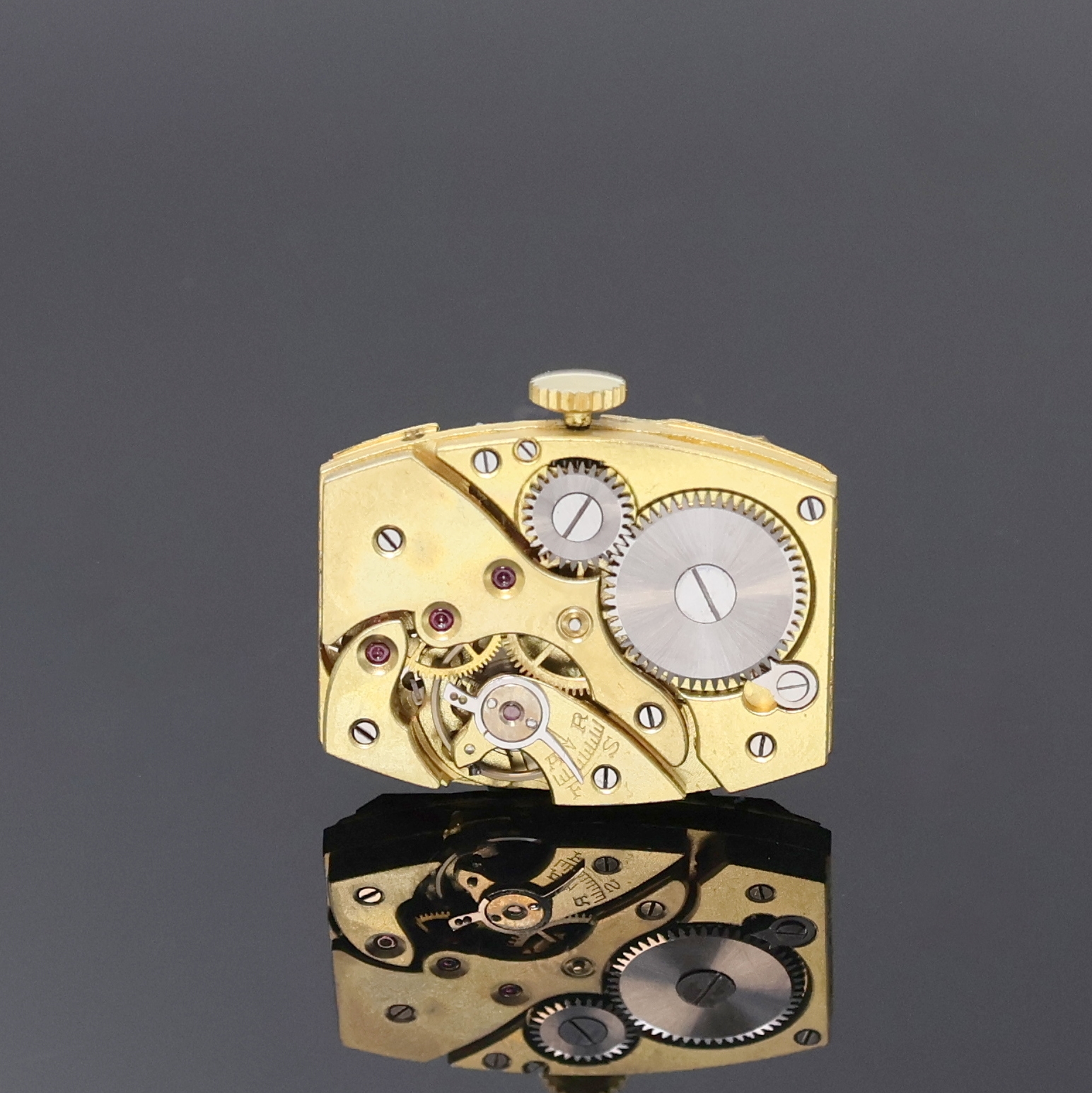 Detail d: HFB rechteckige Armbanduhr in GG 585/000, Deutschland um 1938, Handaufzug, 2-teil. Scharniergeh., gold. Duoton-Zifferbl. pat., gebl. Kathedralzeiger, ...