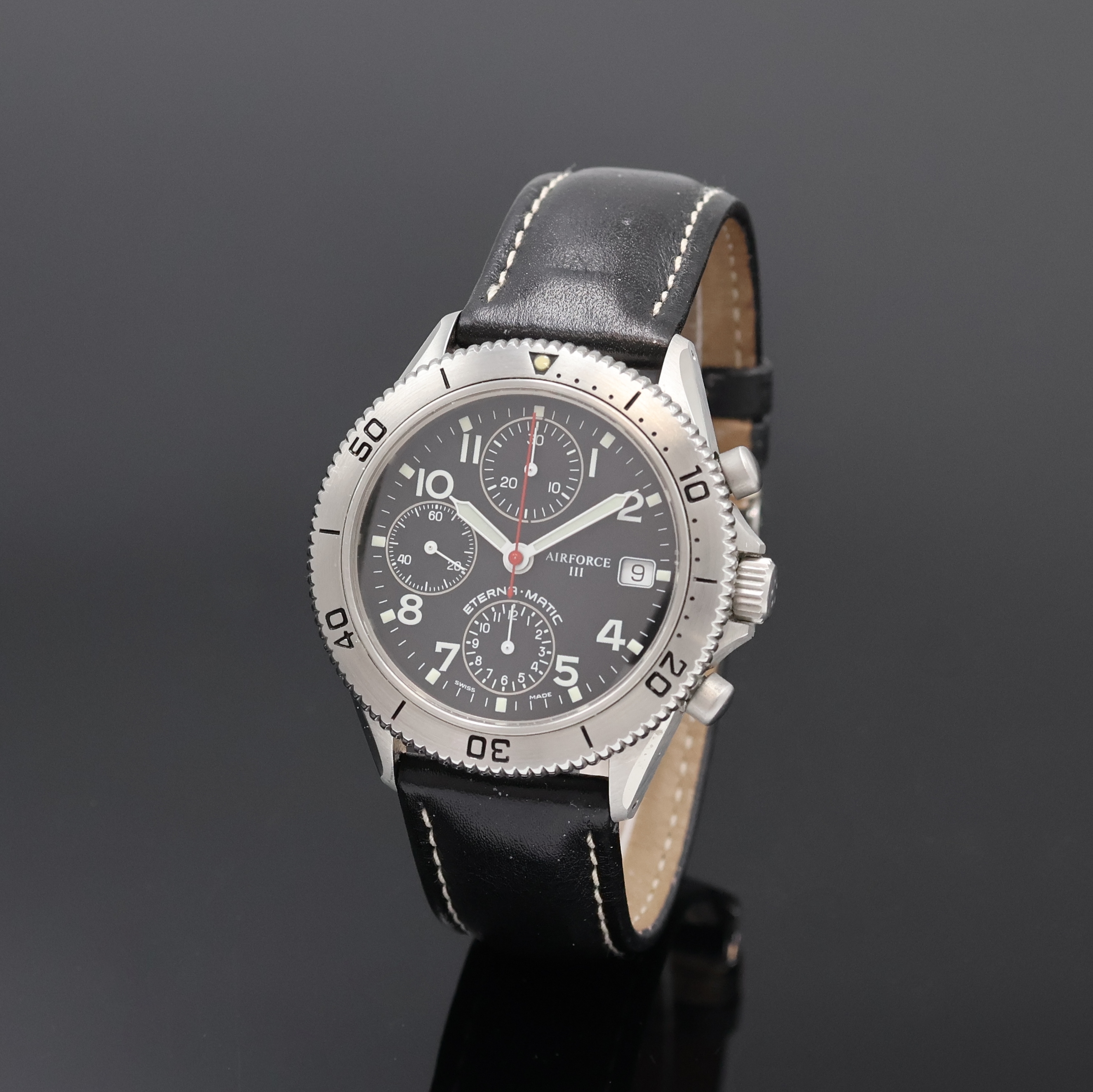 ETERNA MATIC Air-Force III Armbandchronograph in Stahl Referenz 674.8408.41, Automatik, Schweiz um 2000, Boden und Krone verschr., schwarzes ...