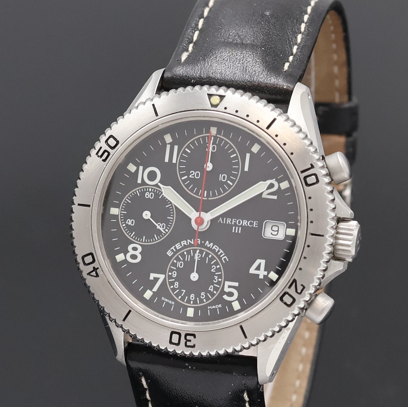 Detail a: ETERNA MATIC Air-Force III Armbandchronograph in Stahl Referenz 674.8408.41, Automatik, Schweiz um 2000, Boden und Krone verschr., schwarzes ...