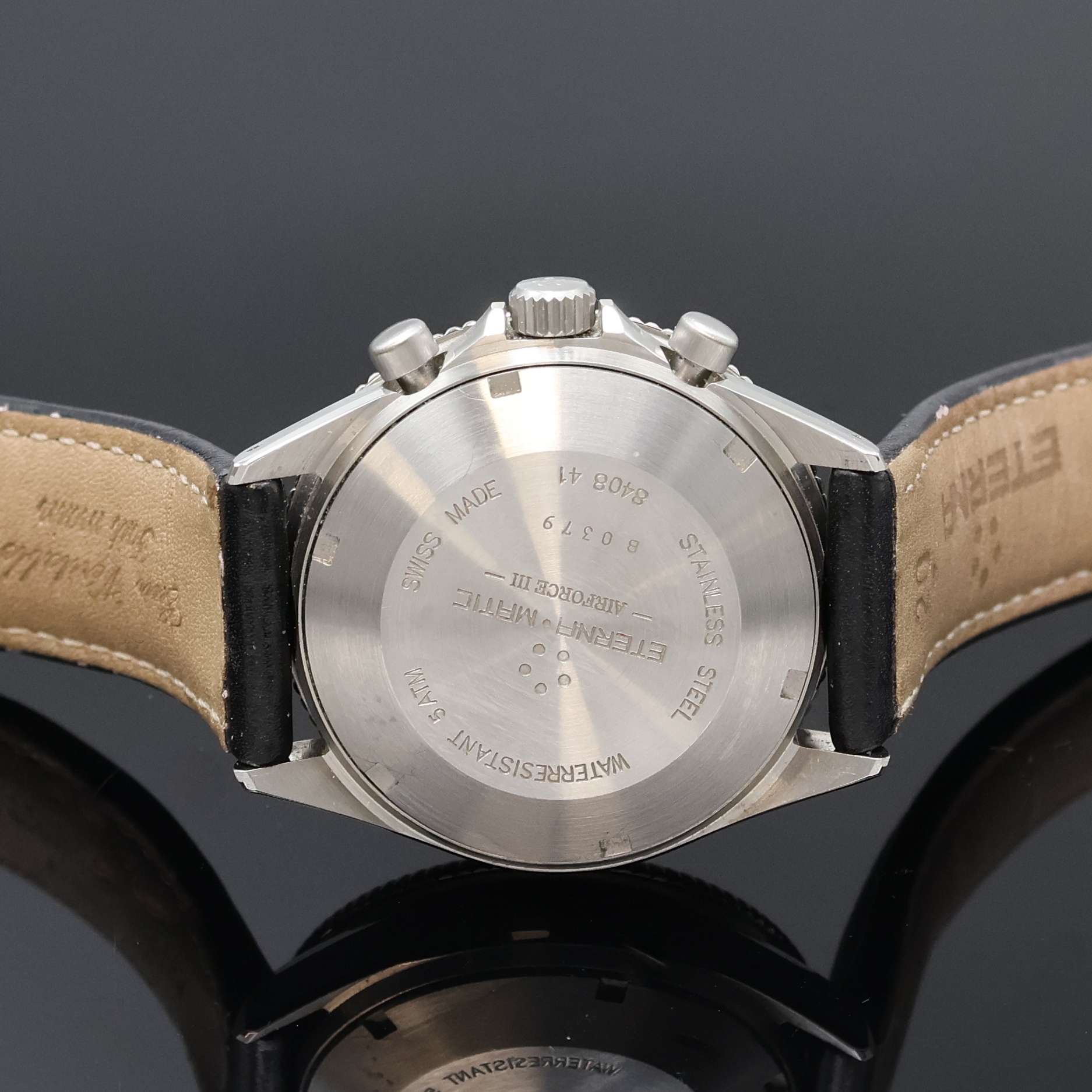Detail d: ETERNA MATIC Air-Force III Armbandchronograph in Stahl Referenz 674.8408.41, Automatik, Schweiz um 2000, Boden und Krone verschr., schwarzes ...