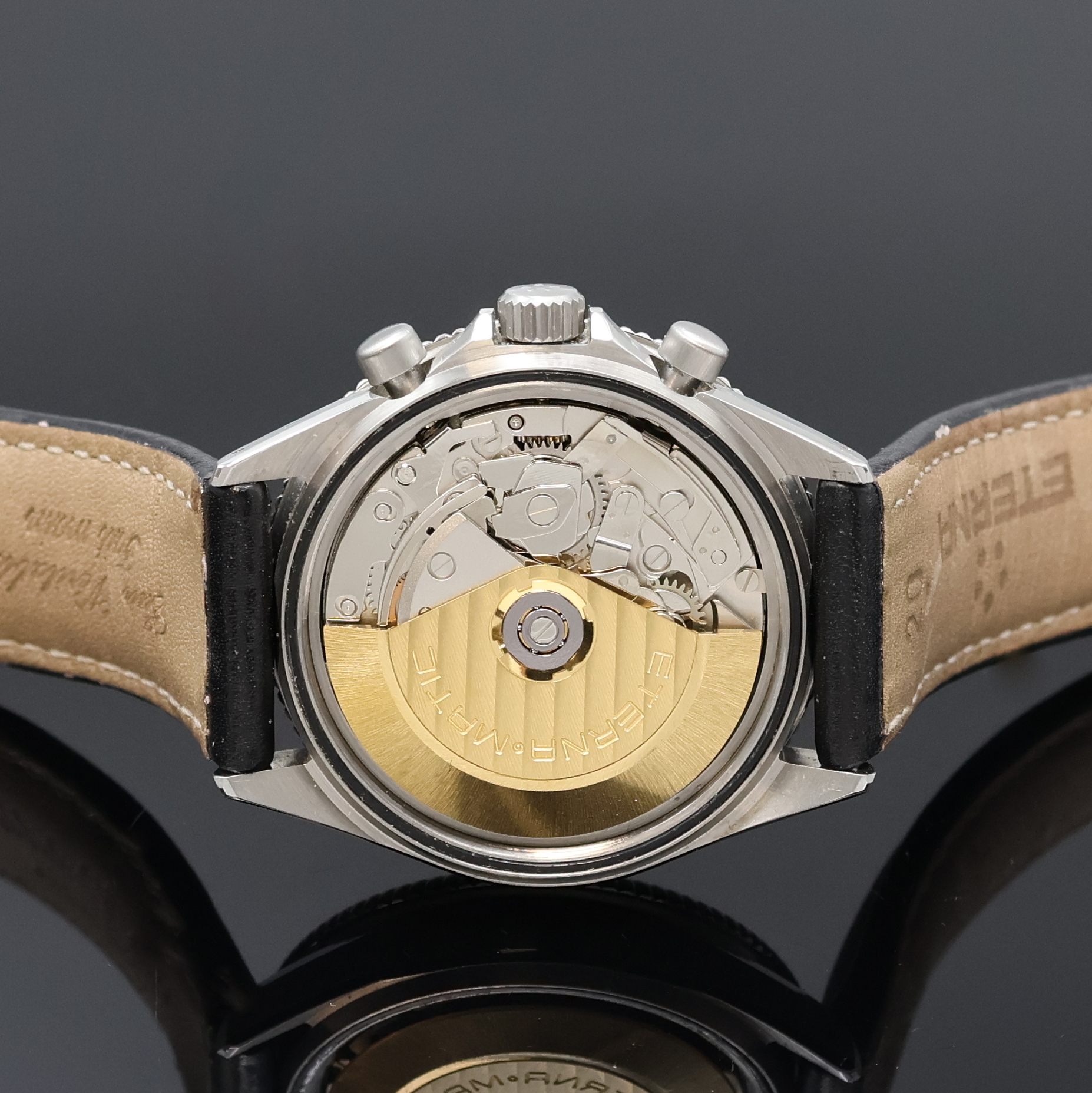 Detail e: ETERNA MATIC Air-Force III Armbandchronograph in Stahl Referenz 674.8408.41, Automatik, Schweiz um 2000, Boden und Krone verschr., schwarzes ...
