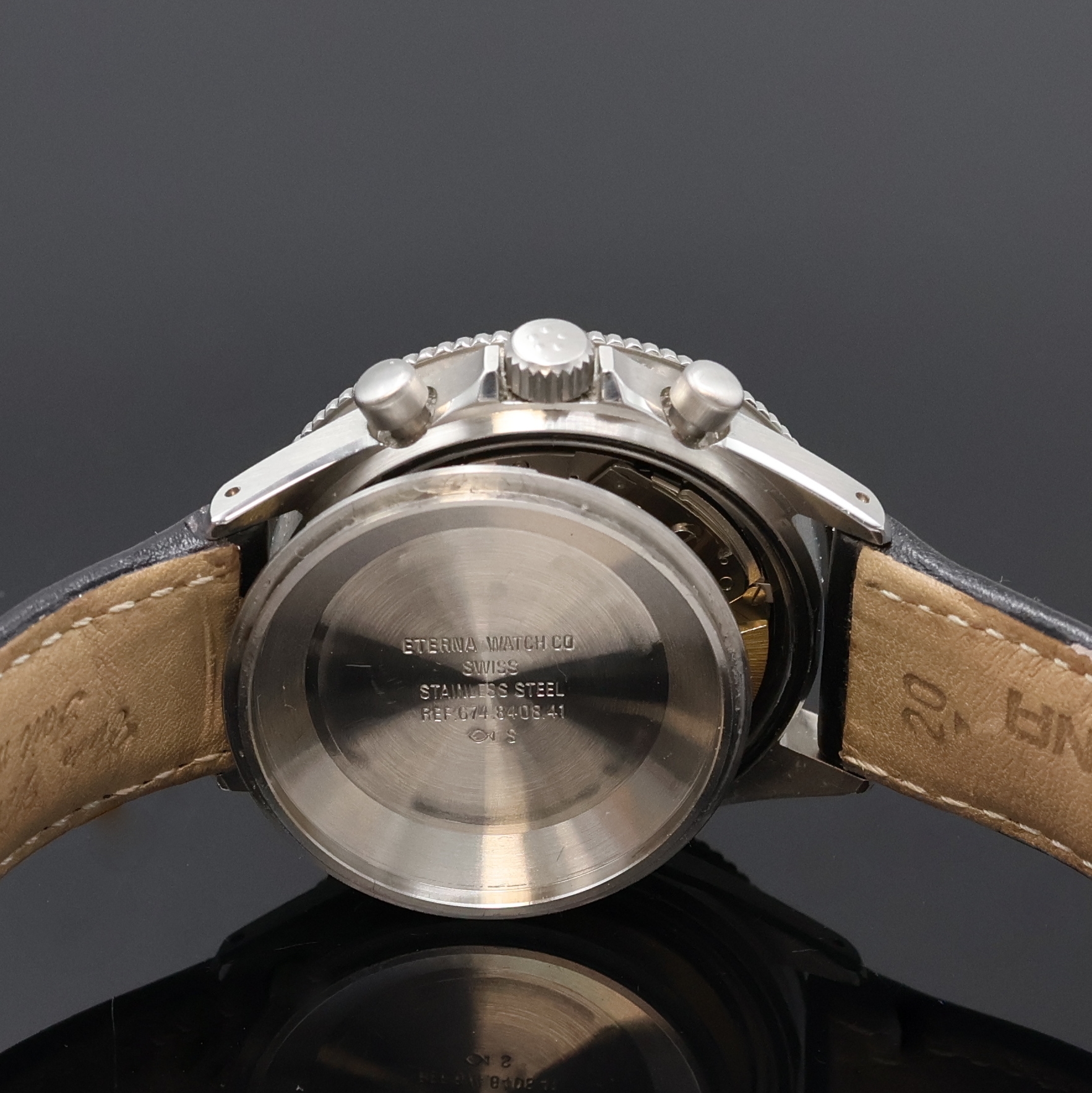 Detail g: ETERNA MATIC Air-Force III Armbandchronograph in Stahl Referenz 674.8408.41, Automatik, Schweiz um 2000, Boden und Krone verschr., schwarzes ...