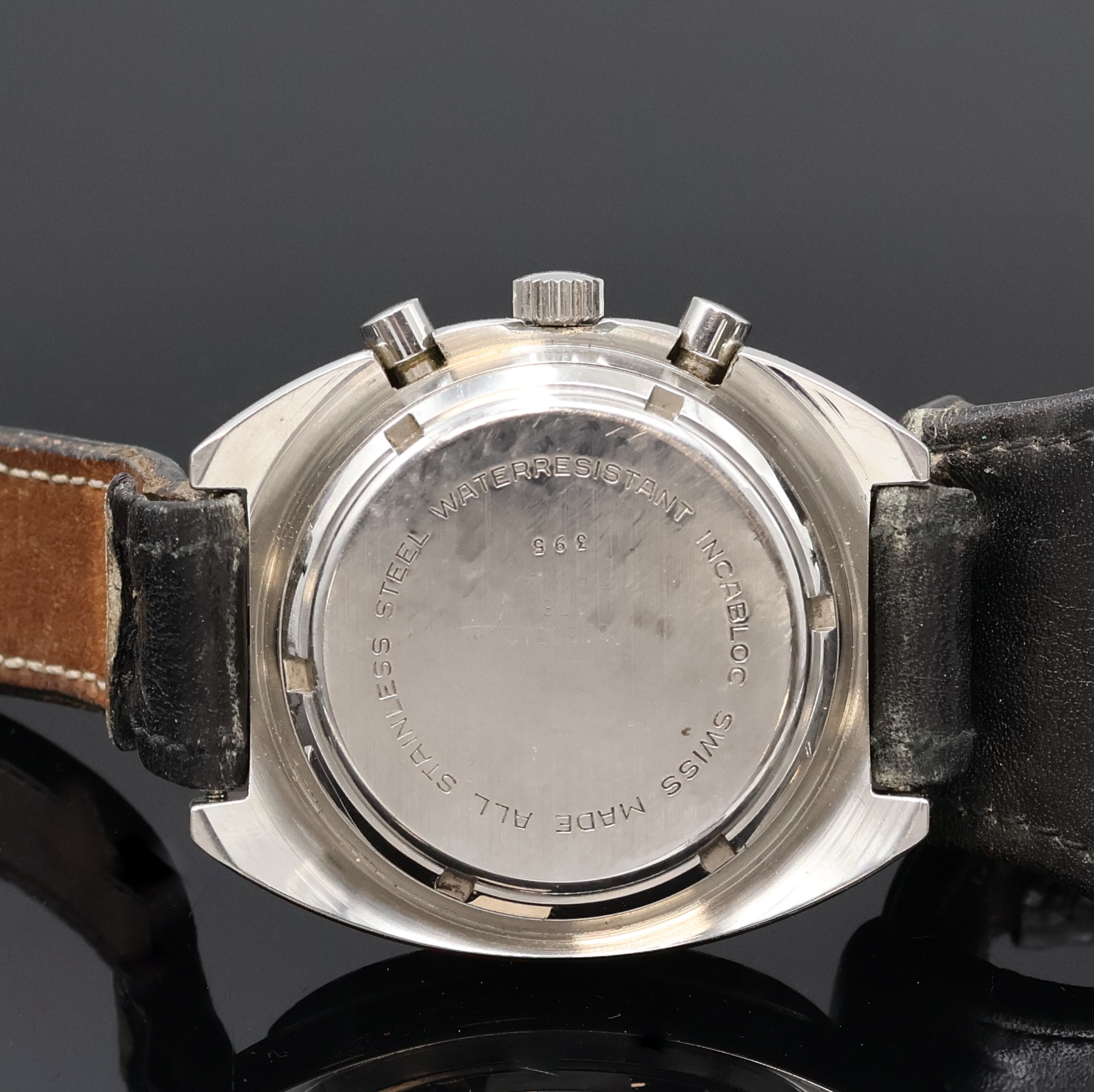 Detail c: DUGENA Armbandchronograph in Stahl, Schweiz um 1970, Handaufzug, Edelstahlgeh., Boden verschr., Lün. m. Std.- und Min.-Teilung beids. drehb., ...