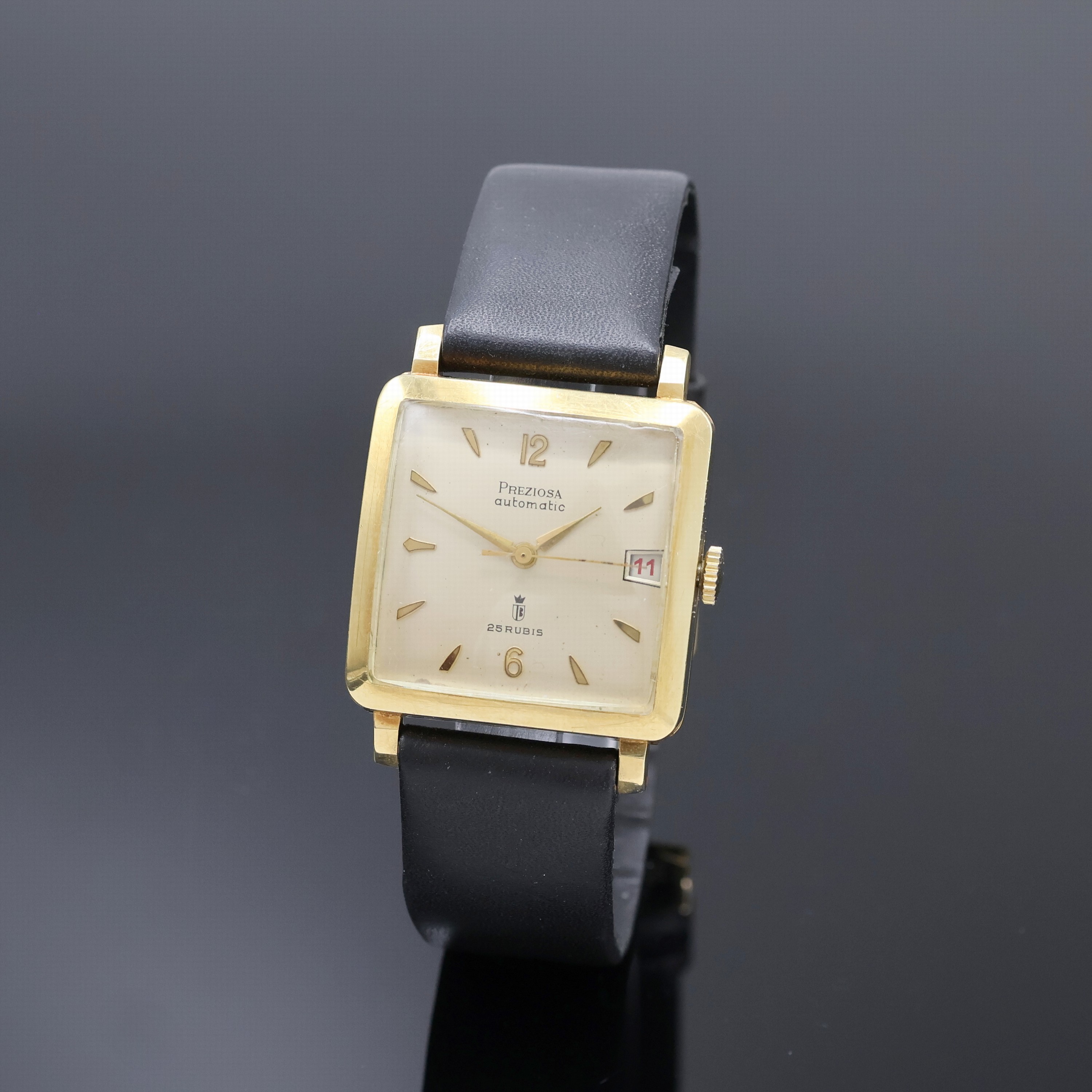 PREZIOSA quadratische Herrenarmbanduhr in GG 585/000, Deutschland um 1955, Automatik, 2- tlg. Geh., Boden aufgedr., silb. Zifferbl. pat., gold. ...