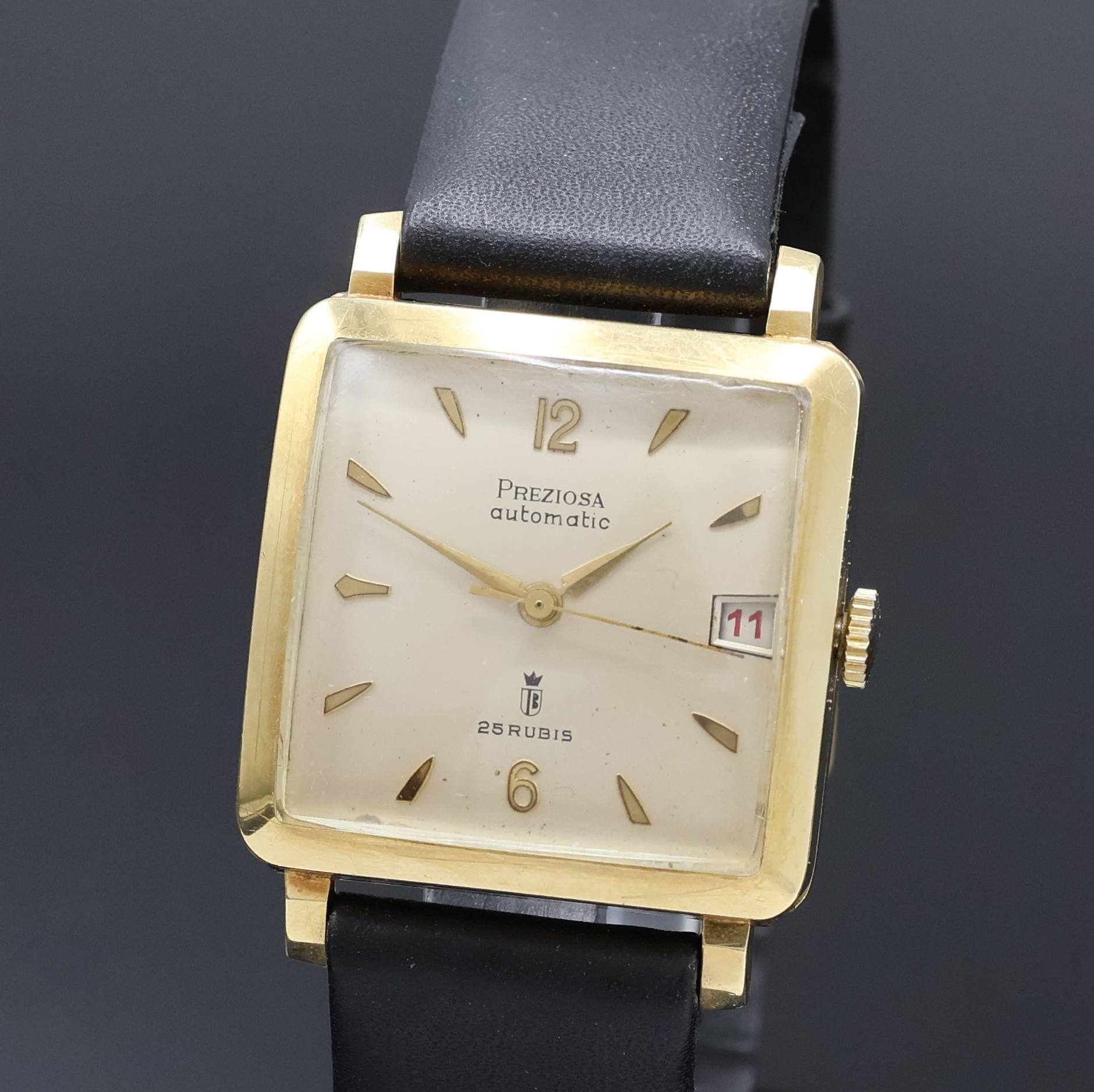 Detail a: PREZIOSA quadratische Herrenarmbanduhr in GG 585/000, Deutschland um 1955, Automatik, 2- tlg. Geh., Boden aufgedr., silb. Zifferbl. pat., gold. ...
