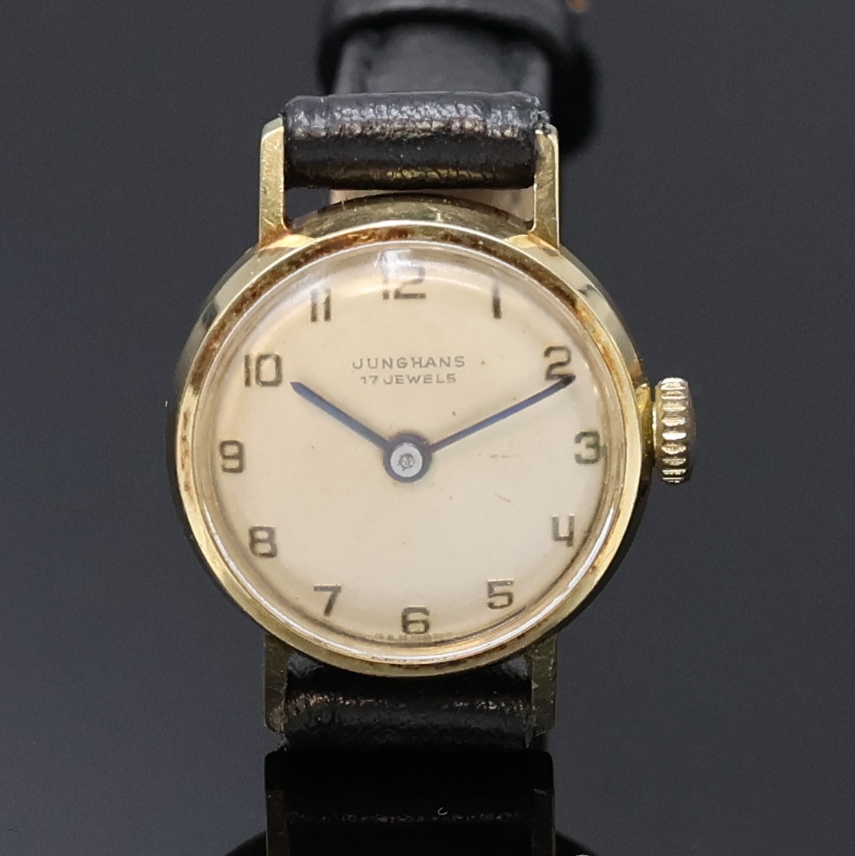Detail a: OMEGA/JUNGHANS 2 Damenarmbanduhren in GG 750/000 & GG 585/000, Schweiz/Deutschland um 1980/1965, Handaufzug, 2-tlg. Geh., Böden aufgedr., 1) Omega ...