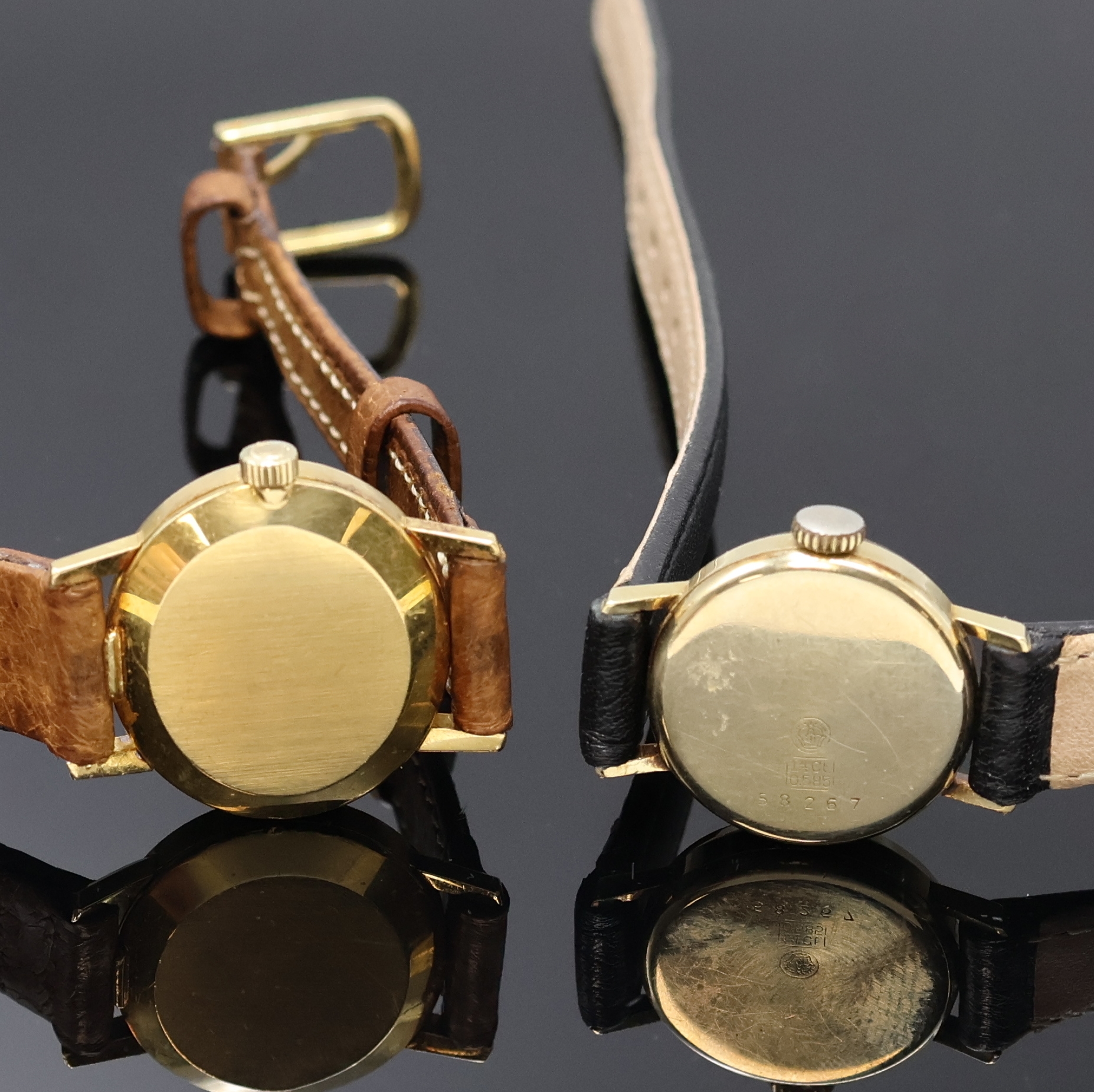Detail d: OMEGA/JUNGHANS 2 Damenarmbanduhren in GG 750/000 & GG 585/000, Schweiz/Deutschland um 1980/1965, Handaufzug, 2-tlg. Geh., Böden aufgedr., 1) Omega ...