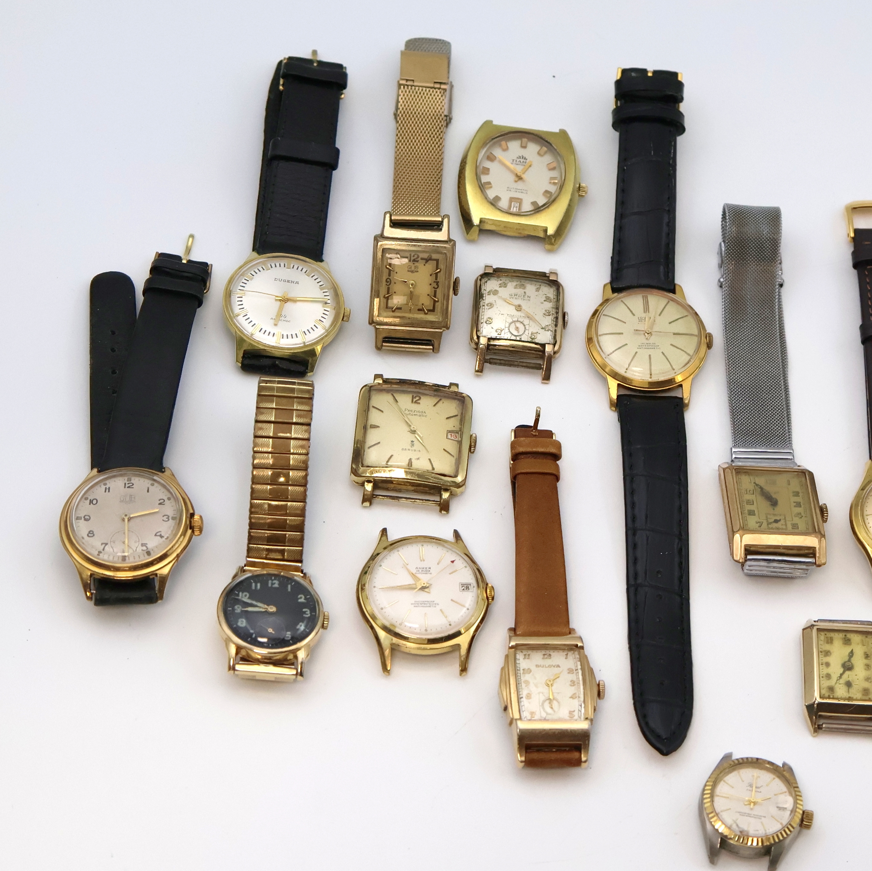 Detail a: 18 vergoldete Armbanduhren verschiedener Marken, Schweiz/Deutschland/USA, 4 x Automatik, 13 x Handaufzug, 1 x Quarz, 15 Geh. m. Stahlboden, davon 6 ...