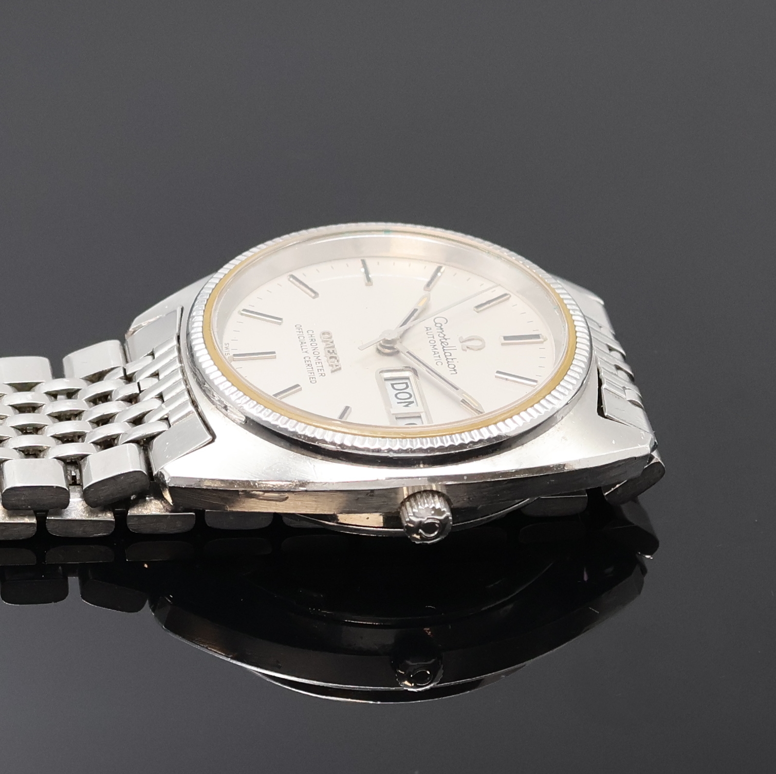 Detail c: OMEGA Constellation Herrenarmbanduhr in Stahl Referenz ST 168 0064, Schweiz um 1974, Automatik, verschr. Boden m. Sternwarten- Symbol, orig. Krone u. ...